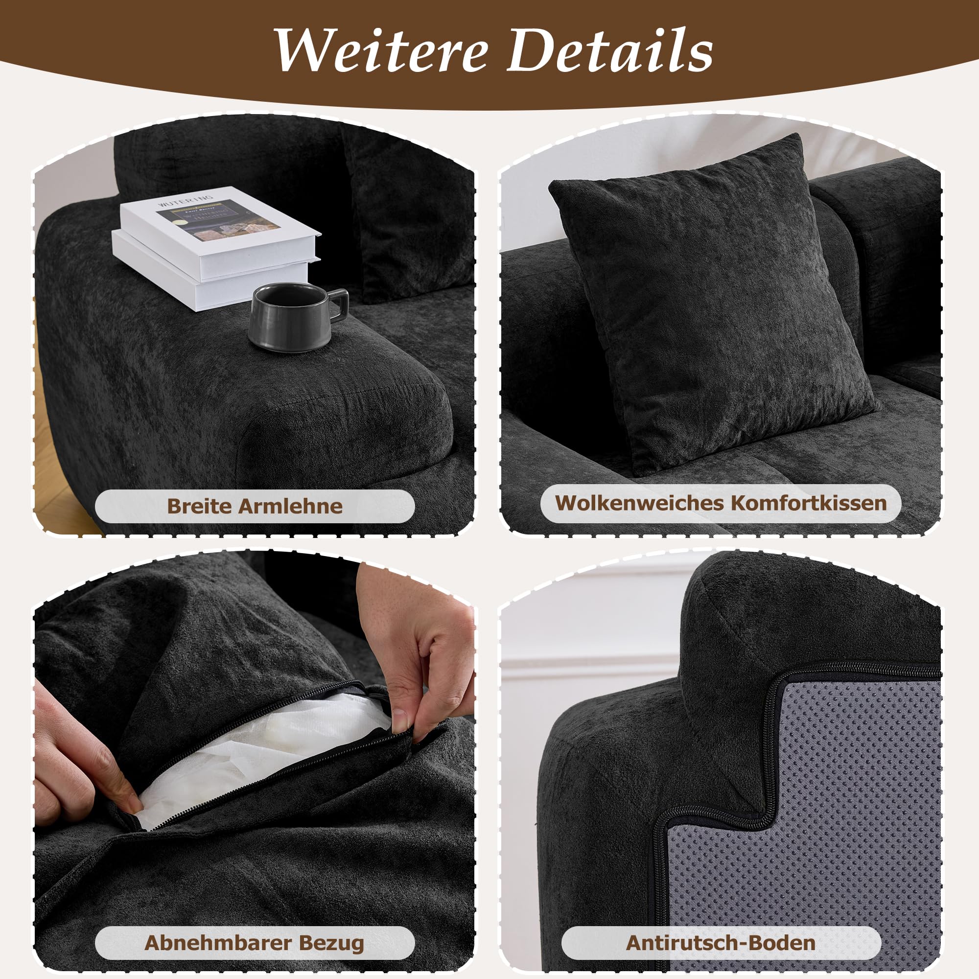 264cm L-förmiges modulares Boneless-Sofa, Ecksofa mit beweglicher Ottomane, tiefer Sitzfläche & Breiten Armlehnen, Cloud Couch ohne Montage für Wohnzimmer, Schlafzimmer (Schwarz)