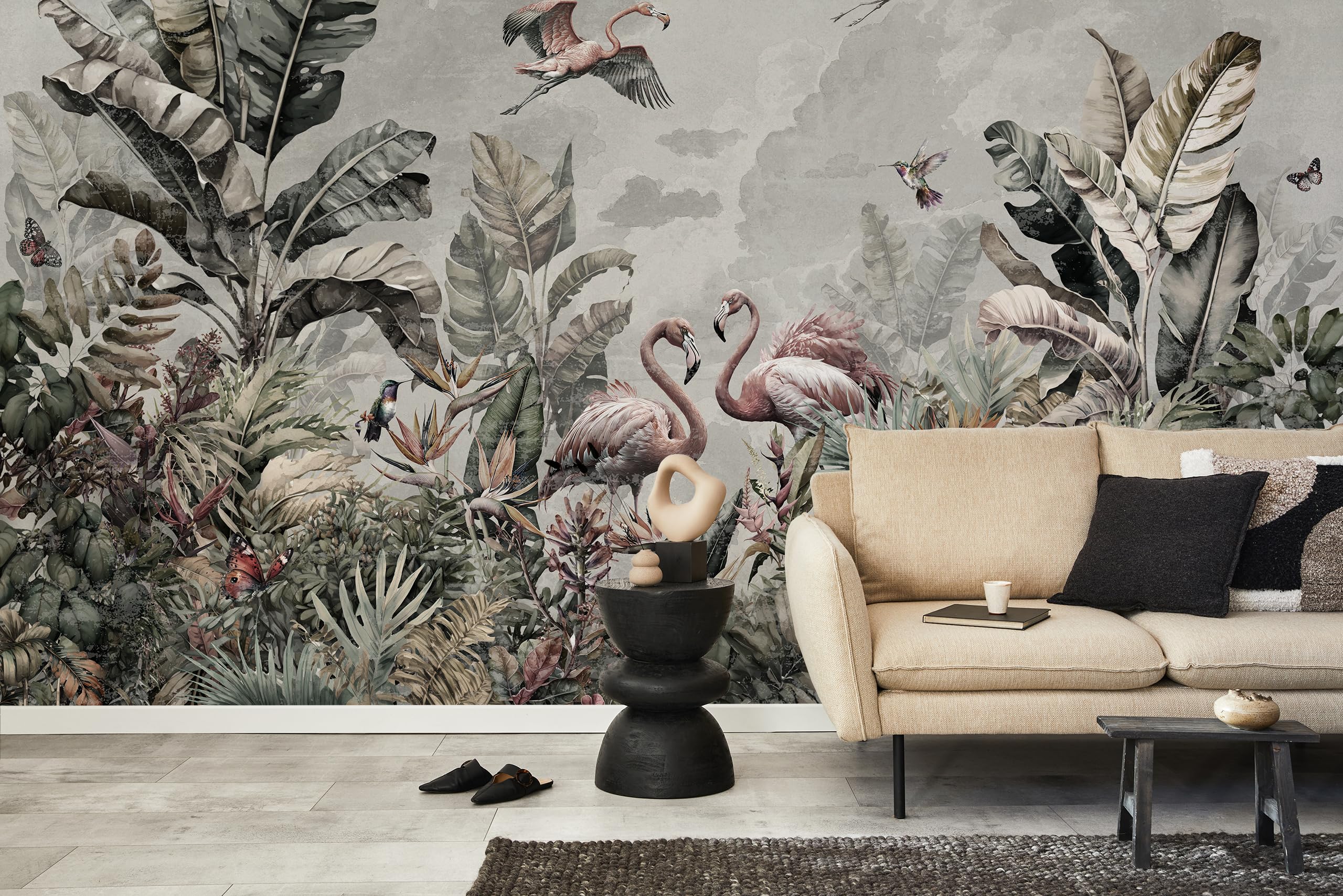Muralo Papel Pintado en TNT 3D, Jungla con Flamencos - 225x150 cm