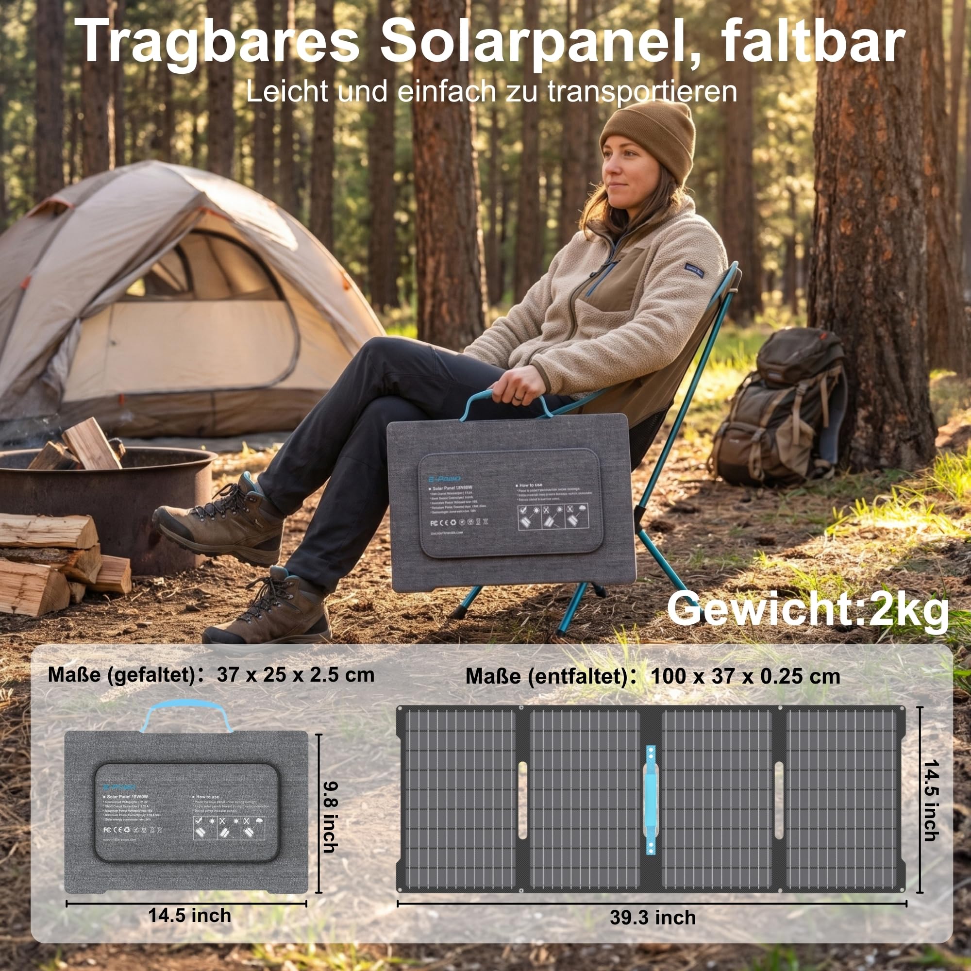 60W Solarpanel, tragbares Solarpanel mit USB-C-, USB-A- und DC-Ausgängen, faltbares ETFE Solarpanel Ladegerät für iPhone, iPad, Powerbank, Camping, Wandern, kleine Generatoren