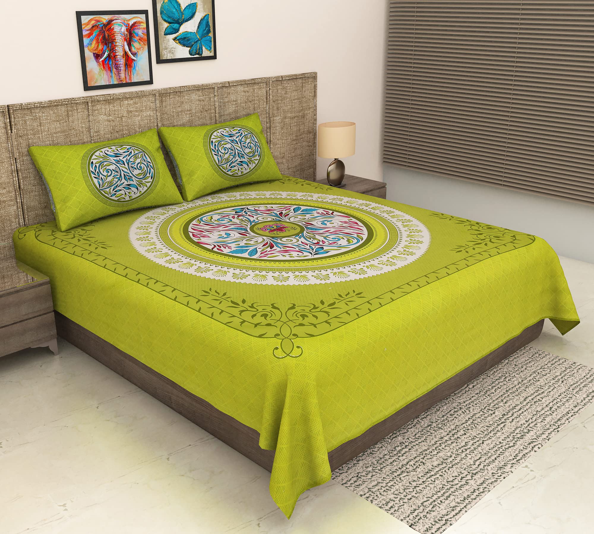 Jaipur Pride Rajasthani Print Cotton Double Size Bedheet with 2 Pillow Cover Set for Queen Size Bed | Stylish & Attractive Design Flat Sheet for Living Room & Bedroom (Green) (B0C7GTC5MY) Amazon Price History, Amazon Price Tracker