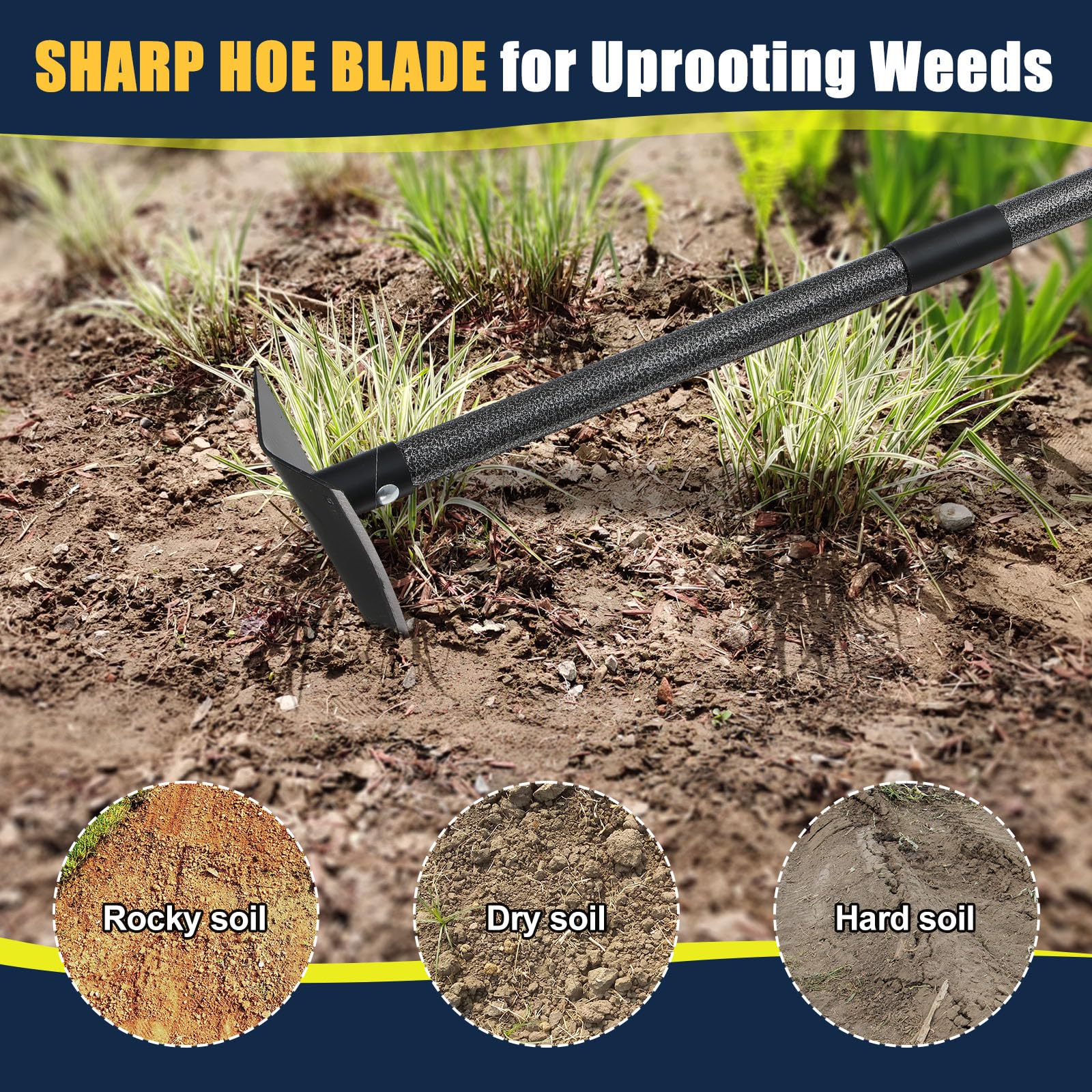 Azada triangular extra afilada, herramienta de jardinería y construcción resistente con poste de acero inoxidable ajustable de 30 a 60 pulgadas, diseño desmontable para excavar, desmalezar