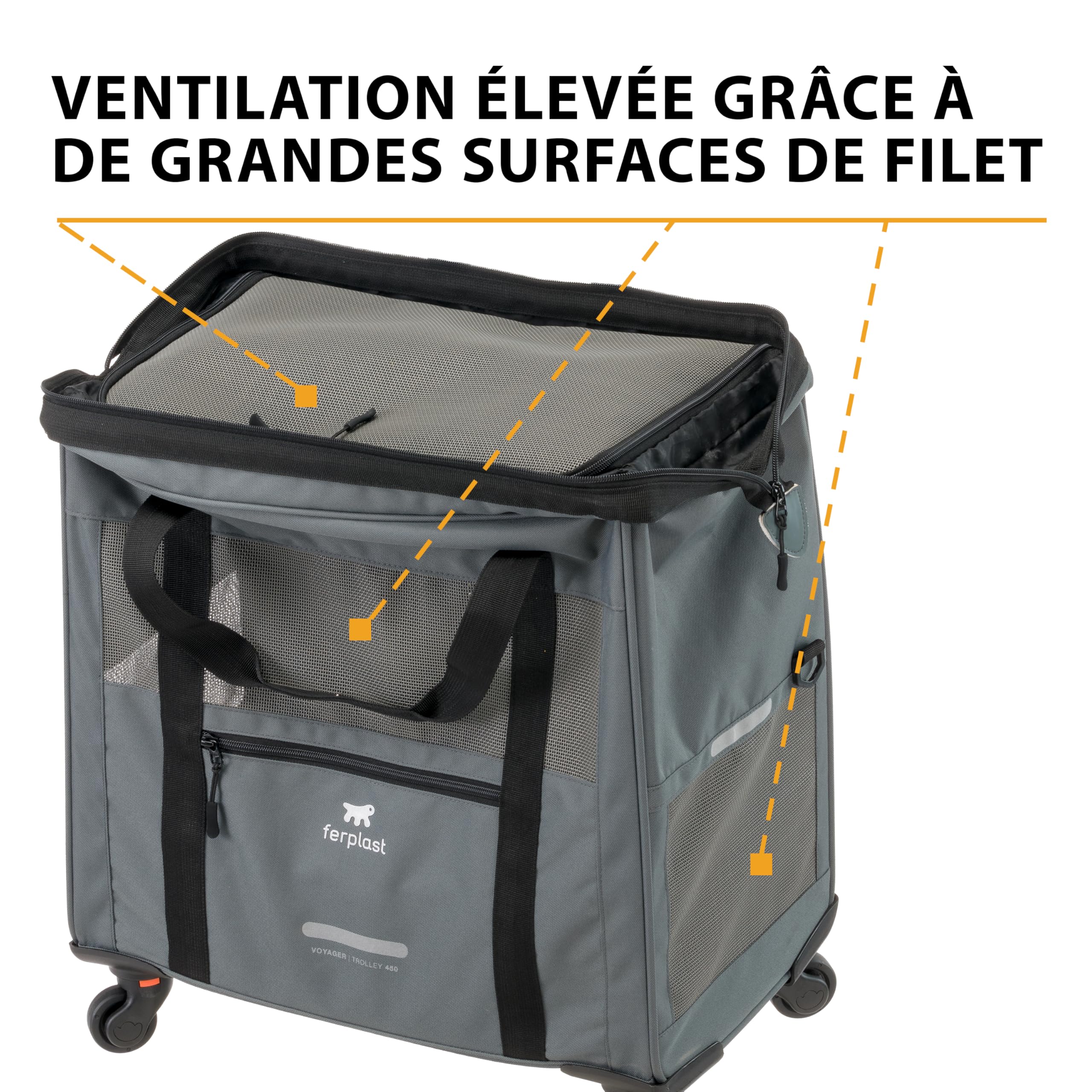 Ferplast Sac de Transport pour Chat Voyager Trolley, Sac Transport Chien, Poignée Extensible, Sangles Réglables, Large Ouverture, Roues Amovibles, Max 15 kg, 46 x 26 x 48H cm, Gris