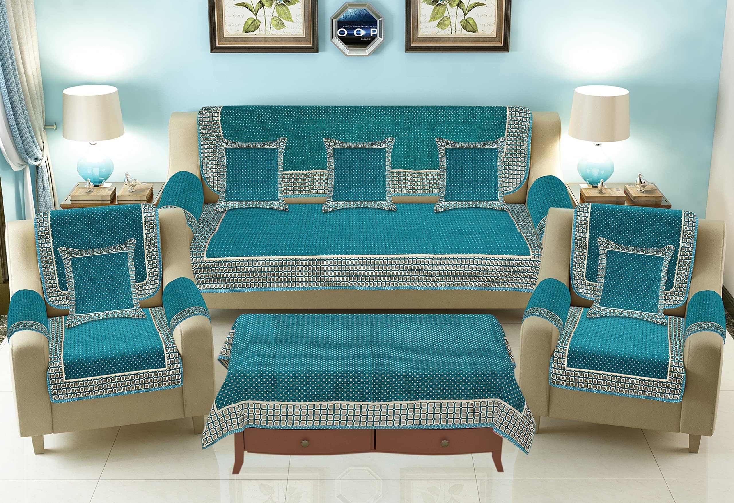 jayvaam 5 Seater Sofa Cover 10 Pieces Set - 3 + 1+1 Chenille Sofa Cover Back 5 Seater, Sky ...