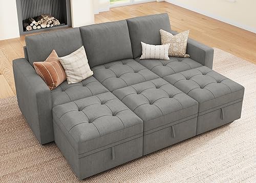 Miniatura 31 de HONBAY - Sofá seccional modular con cama desplegable, de terciopelo convertible en forma de L con asiento de almacenamiento, sofás seccionales