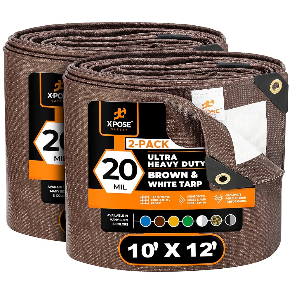 Xpose Safety 10' x 12' Ultra Heavy Duty Tarp (2-Pack) - 20 Mil Waterproof Tarps for Camping, Outdoor Adventures & Tent Cover, UV Protection, Reinforced Corners, All-Weather Durability