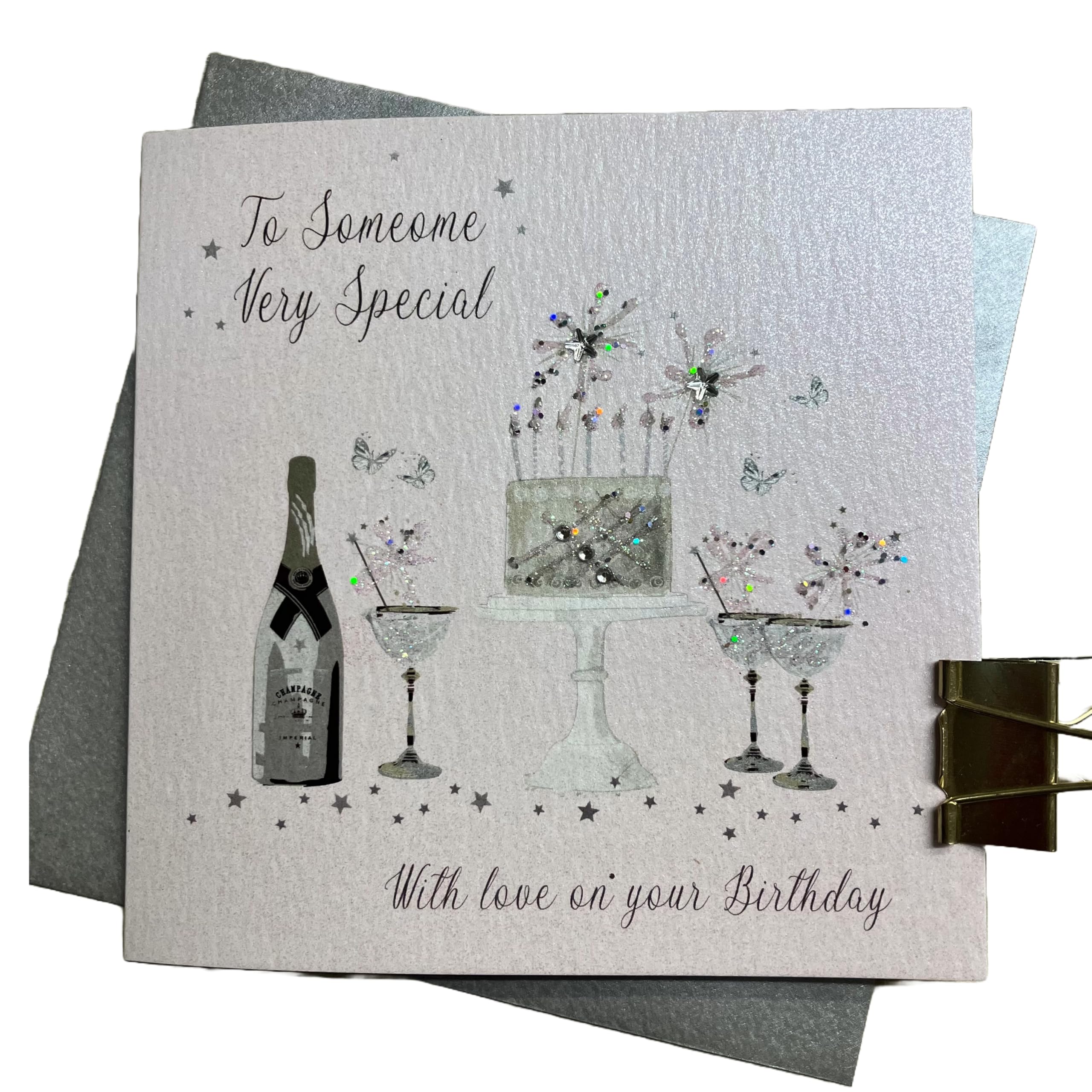 WHITE COTTON CARDS SOMEONE SPECIAL - PINK CAKE & CHAMPS BIRTHDAY CARD, HANDMADE (DP23)