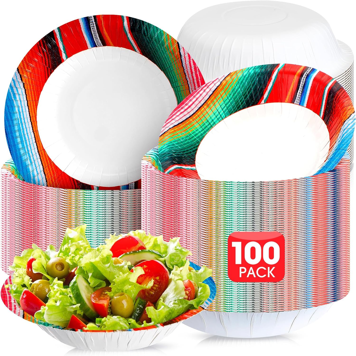 Domensi 100 Pcs 16 oz Mexican Paper Bowls Disposable Fiesta Bowls Fiesta Party Decoration Mexican Cinco De Mayo Snack Cup Soup Serving Cup for Mexica Birthday Party Supplies