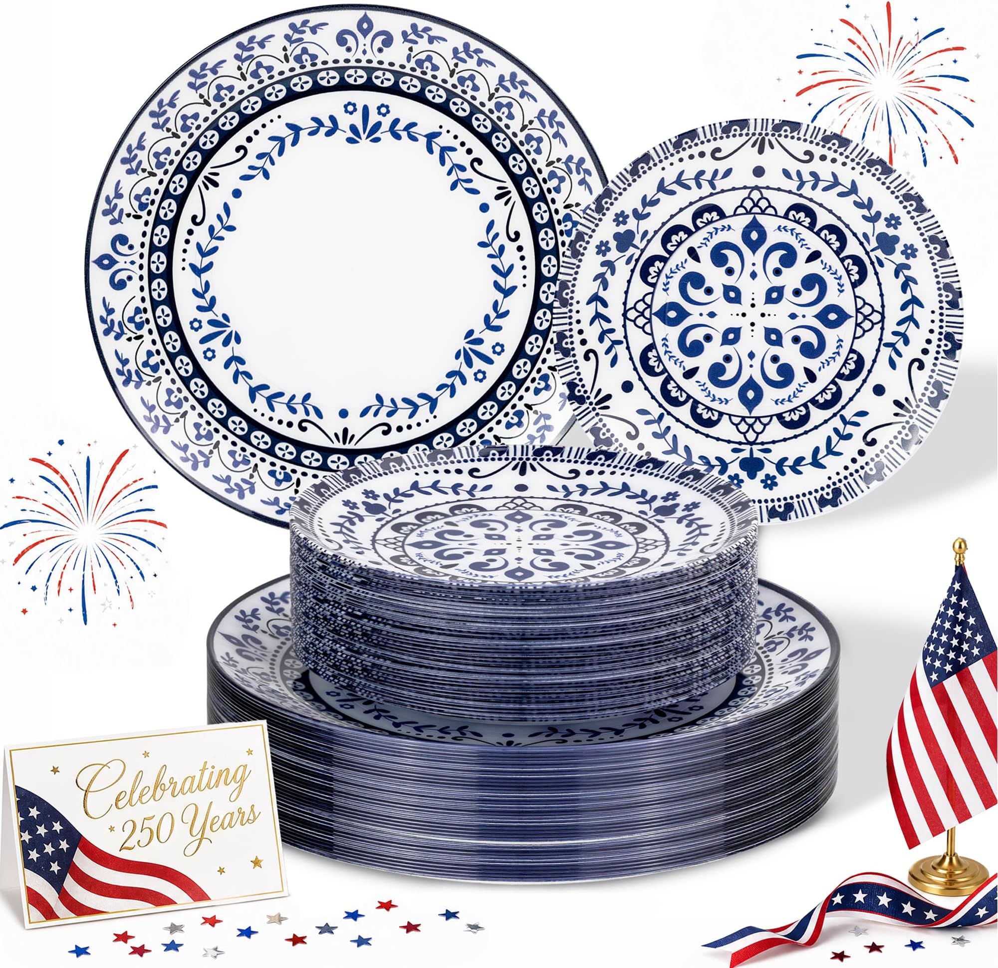 Hioasis 60pcs Blue Plastic Plates Set - Floral Blue & White Porcelain Design, 10.25" Dinner & 7.5" Dessert Plates Disposable for Wedding & 4th ofJuly (Dishwasher Safe, Traditional Style)
