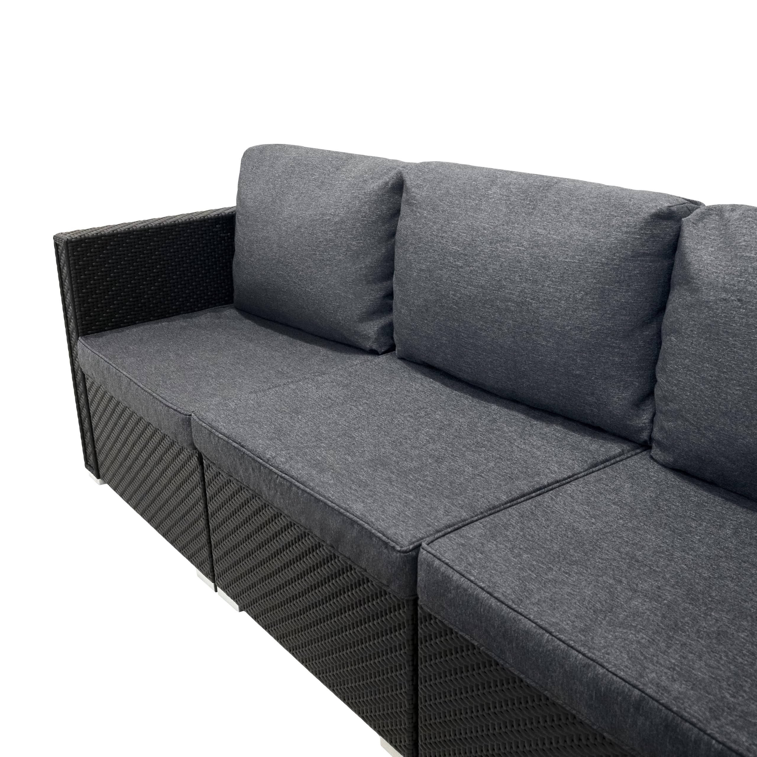 Monster Shop Set Mobili da Giardino 7 Pezzi in Rattan Nero – Divano Modulare 5 Posti con Cuscini Lavabili, Tavolino in Vetro, Copertura Impermeabile, per Esterno, Terrazzo e Veranda
