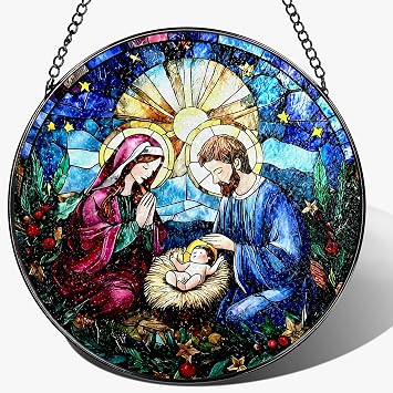 8-Inch Nativity Scene Stained Glass Suncatcher Ornament, Stained Glass Window Hanging & Nativity Religious Ornament, Christian Home Decor Gifts for Christmas, Christian Gift, Religious Gift