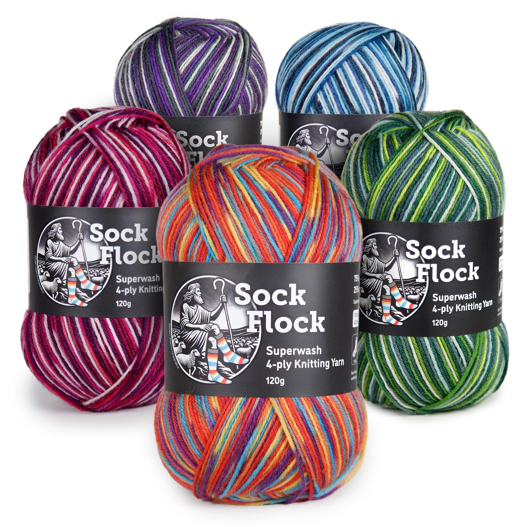 Sock Flock 4-ply Sock Yarn Five Pack (New Zealand Wool 75% / Polyamide 25%, Machine Washable) 600 g Total - Rainbow Reef/Wild Pear/Arctic Ocean/Purple Ivy/Raspberry Ripple