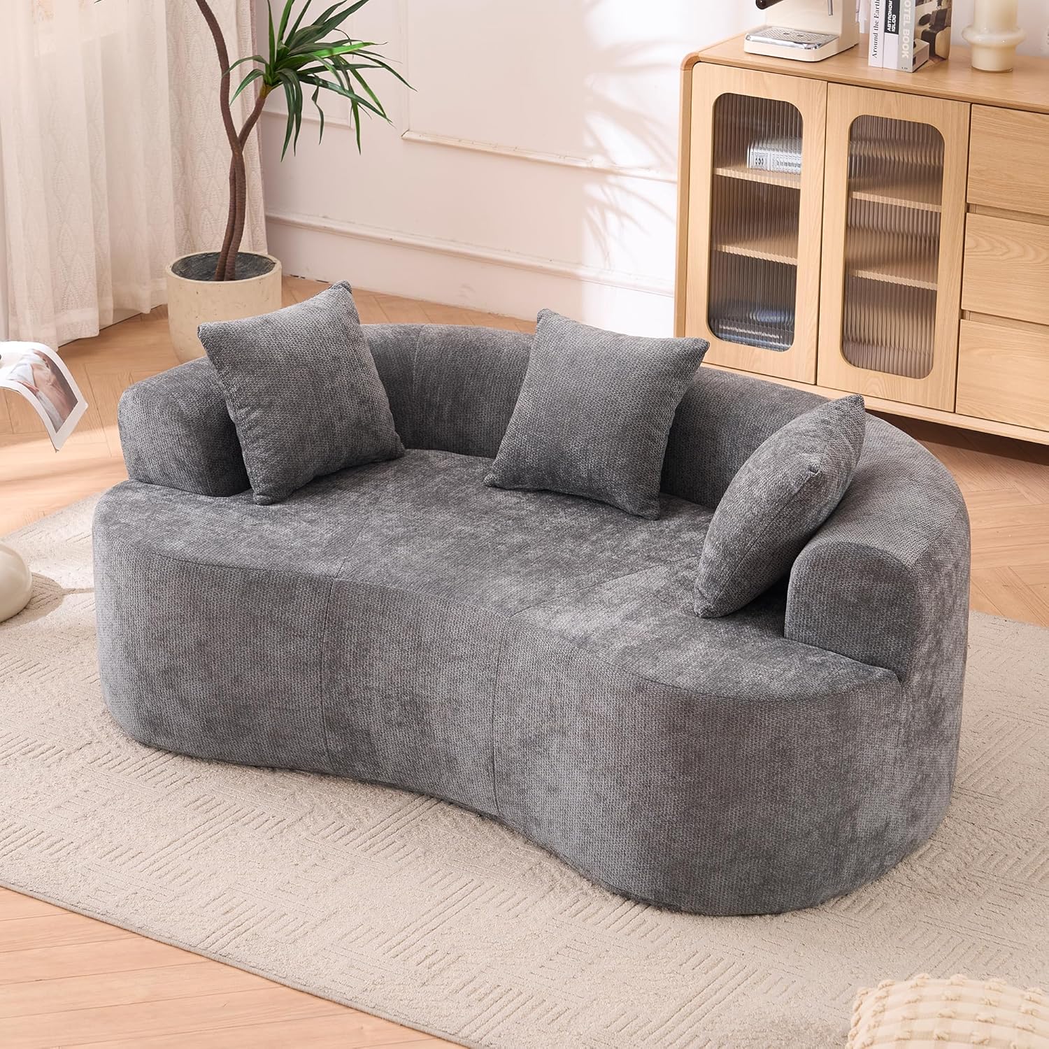 Loveseat Sectional Boneless Sofa for Living Room, 79" Modern Luxury Chenille Sofa Extra Deep Seat Curved Cloud Floor Couch with 3 Throw Pillows for Small Spaces, Grey
