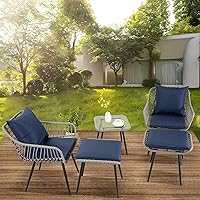 Vista 8 de Juego de muebles de patio de 5 piezas, juego de mimbre pequeño para conversación estilo bistró al aire libre, sillas de ratán de PE para todo tipo