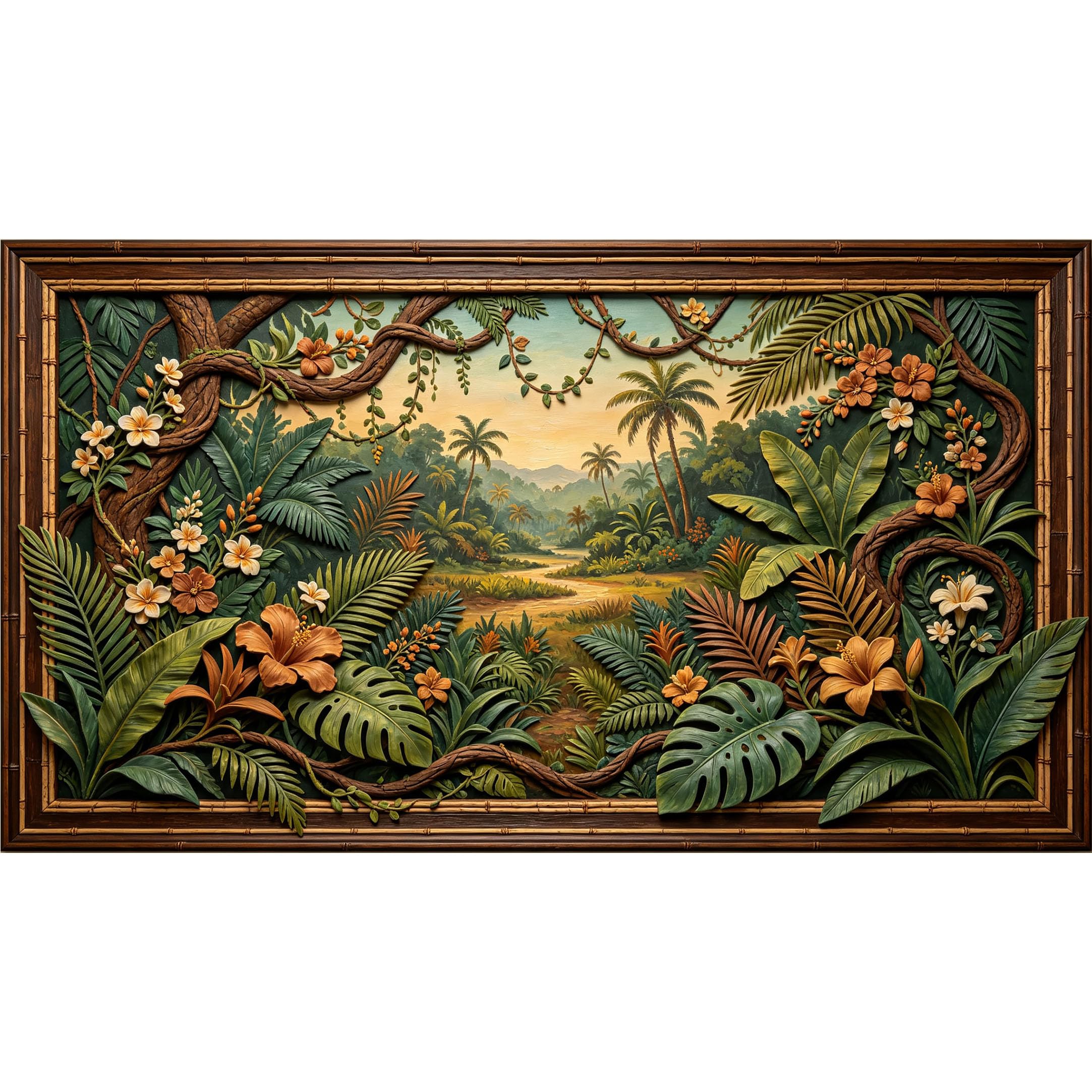 QZLITHOTIC 50×90cm3D Framed Wall Art， Tropical Jungle Botanical Rainforest Scene SelfAdhesive Mural， WaterActivated Peel & Stick Fabric Decor Wall Decal for Bedroom Living Room