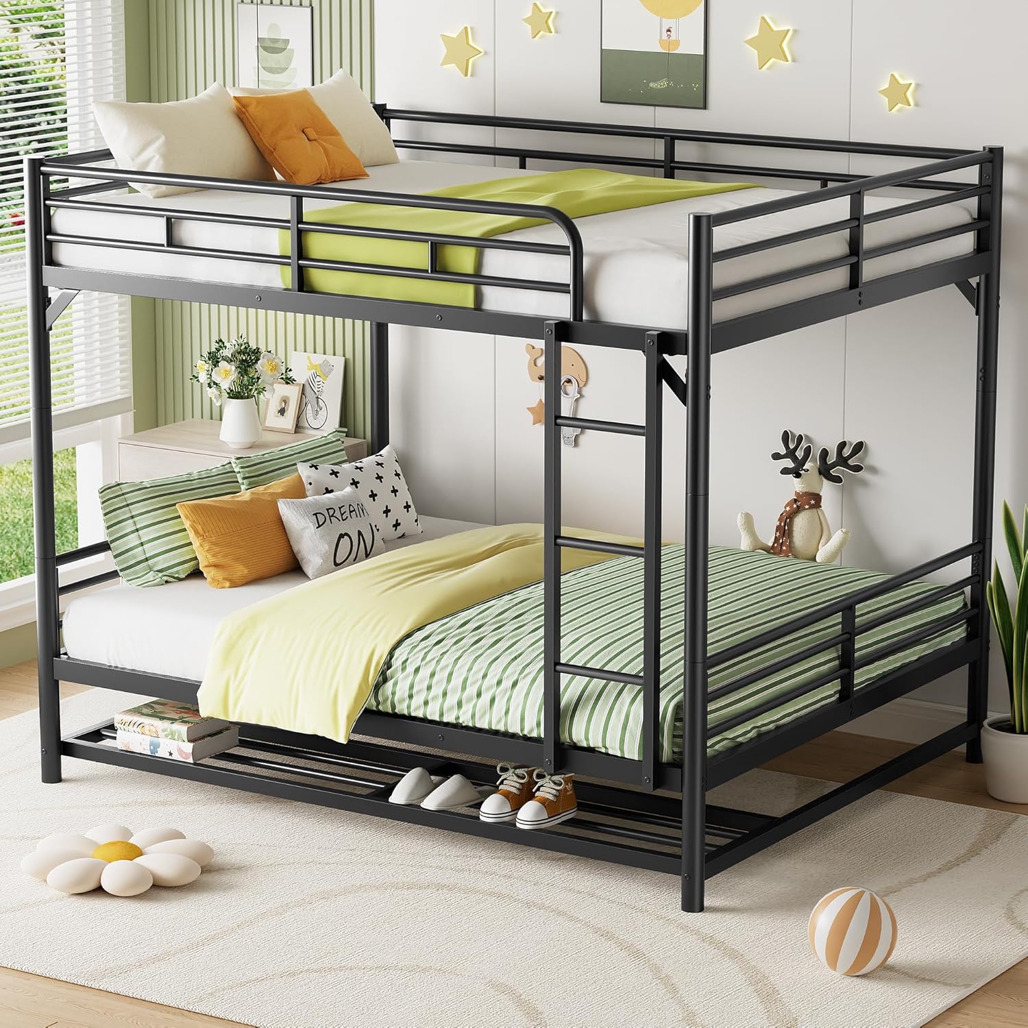Queen Over Queen Bunk Bed with Shelf & Full Length Guardrail,Convertible Bunk Bedframe w/Ladder for Adults,Teens, Kids,No Box Spring Needed, Black