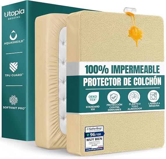 Utopia Bedding Protector Colchón 90 x 200 x 30 cm Impermeable, Certificación Oeko-Tex Funda Colchón, Cubre Colchón Transpirable, Elástico En Todo El Contorno Beige