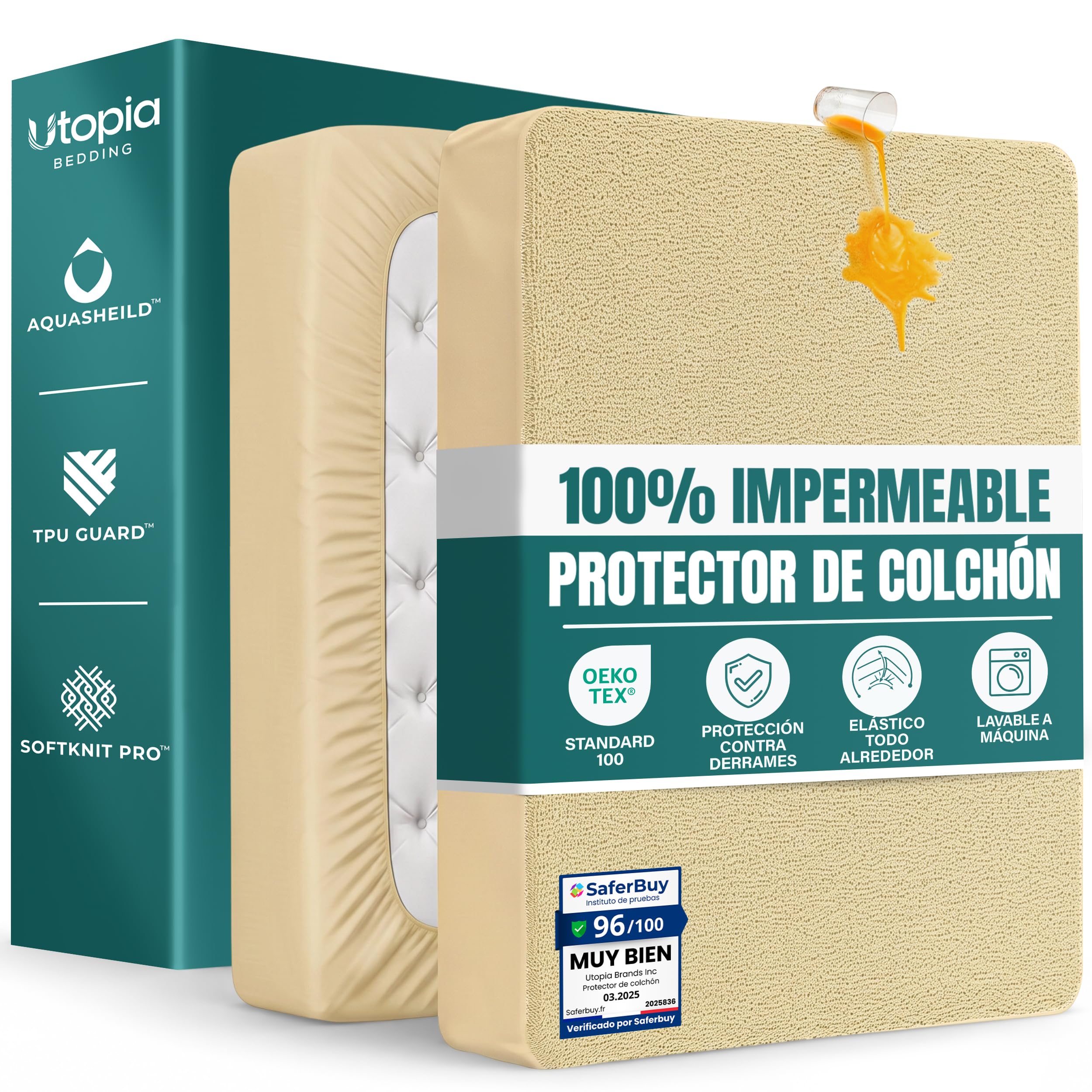Utopia Bedding Protector Colchón 160 x 200 x 30 cm Impermeable, Certificación Oeko-Tex Funda Colchón, Cubre Colchón Transpirable, Elástico En Todo El Contorno Beige