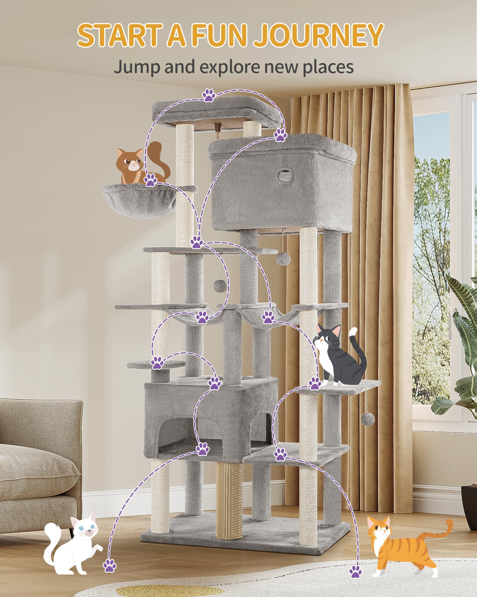 Hzuaneri Árbol de Gato 200 cm XXL, Rascador con 2 Casitas y 10 Sisal, Torre Resistente para Gatos Grandes Maine Coon, Incluye 2 Hamacas, Gris Claro MS20018LG