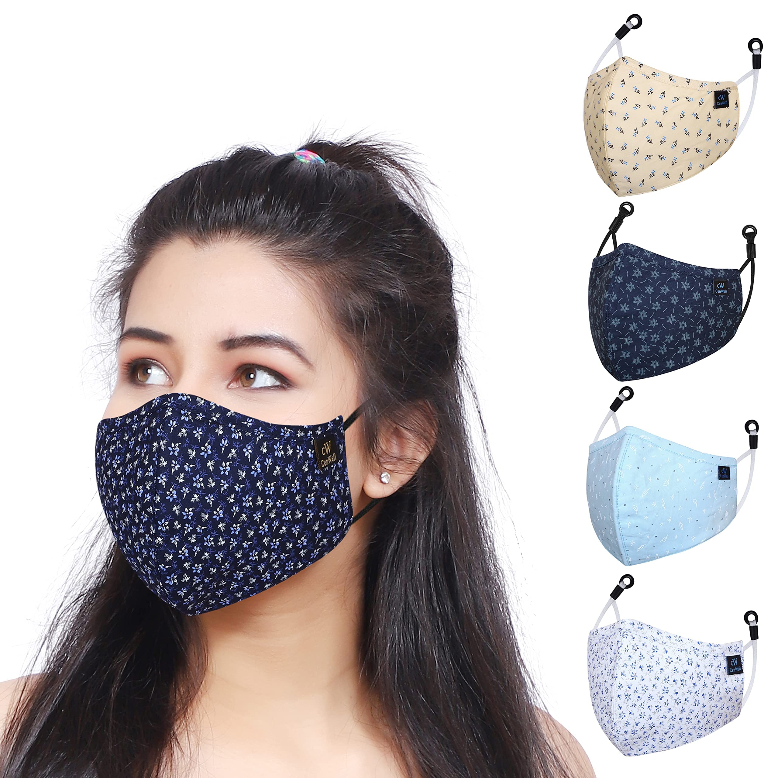 Cenwell 5 Pcs Pure Cotton Face Mask with Nose Pin, Melt Blown Layer, Adjustable Ear Loop & Ear Saver Strap, Reusable Washable Fabric Mask For Men & Women