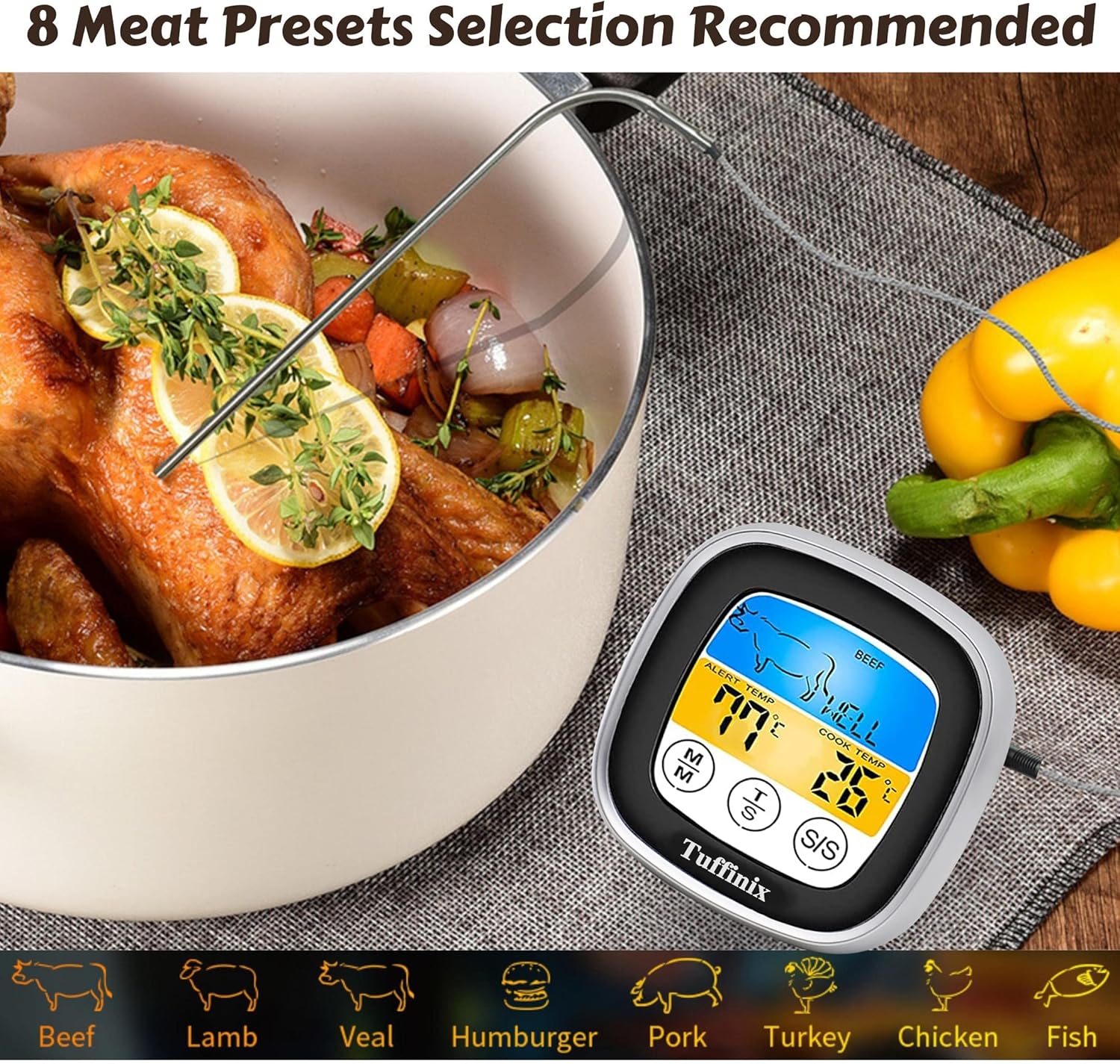 review Digital Touchscreen Meat Food Thermometer - Tuffinix Instant Read Meat Thermometer 40in Probe Kitchen Cooking Thermometer with Timer Function Oven Safe for BBQ Frying Pan Smoker Cooking