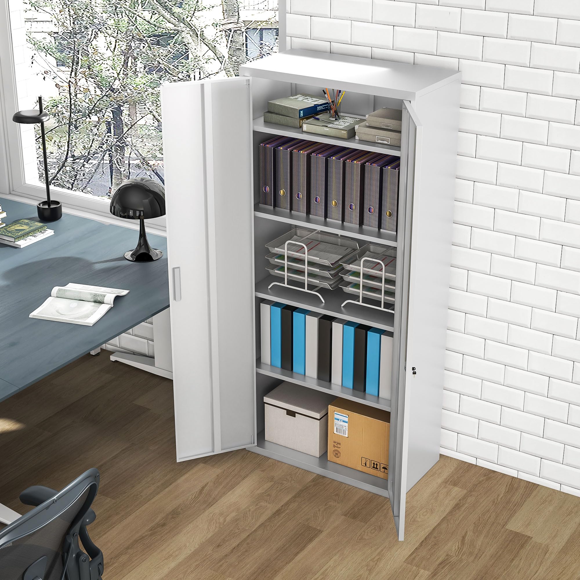 HOMCOM Mueble Archivador de 5 Niveles con Estantes Regulables Cajonera de Oficina Archivador con Llave para Estudio Salón 80x40x180 cm Blanco