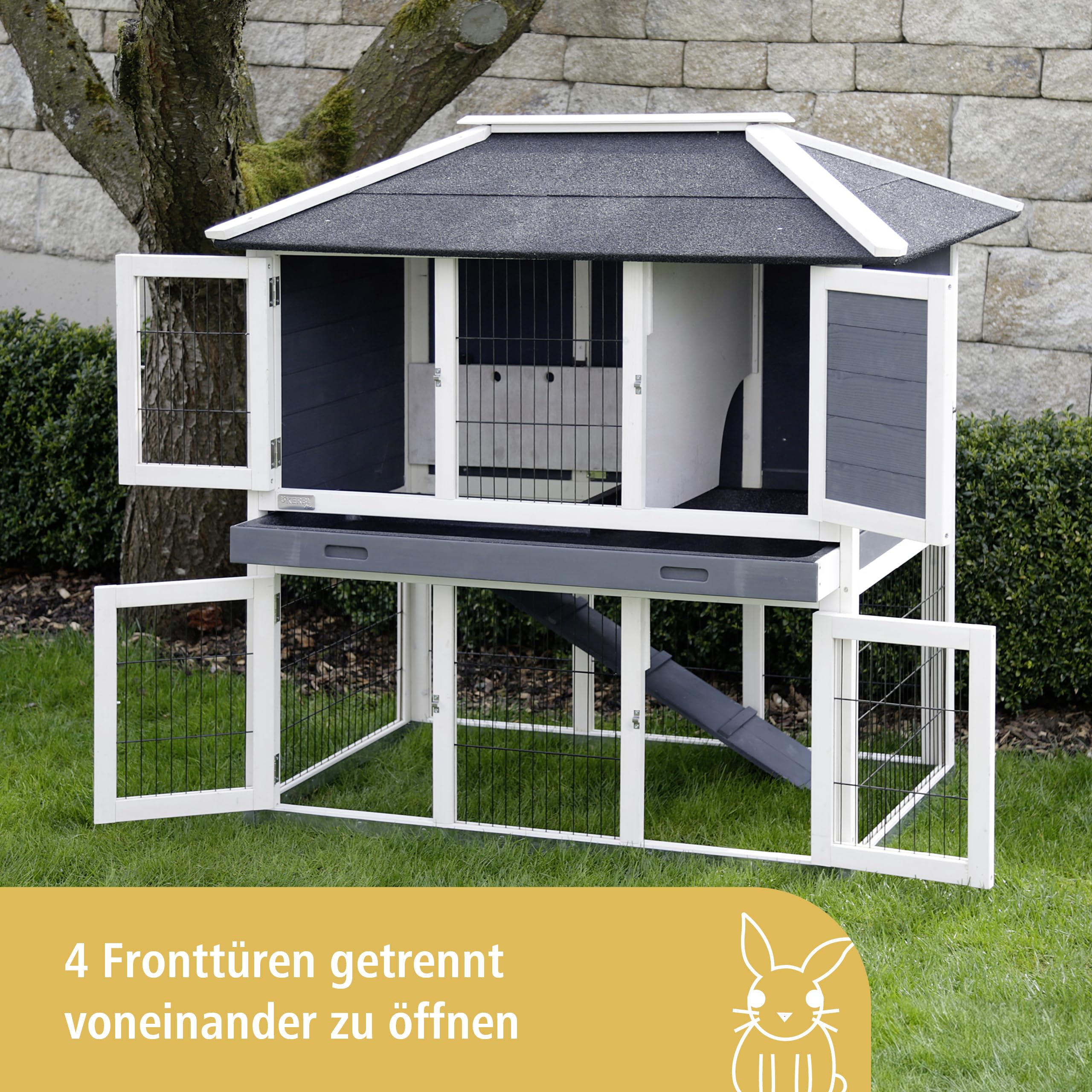 Kerbl Pet Nagerstall Villa, Kleintierstall, Nagerstall, 118x68x118cm, Holz, Hasen, Kaninchen, wetterfestes Dach