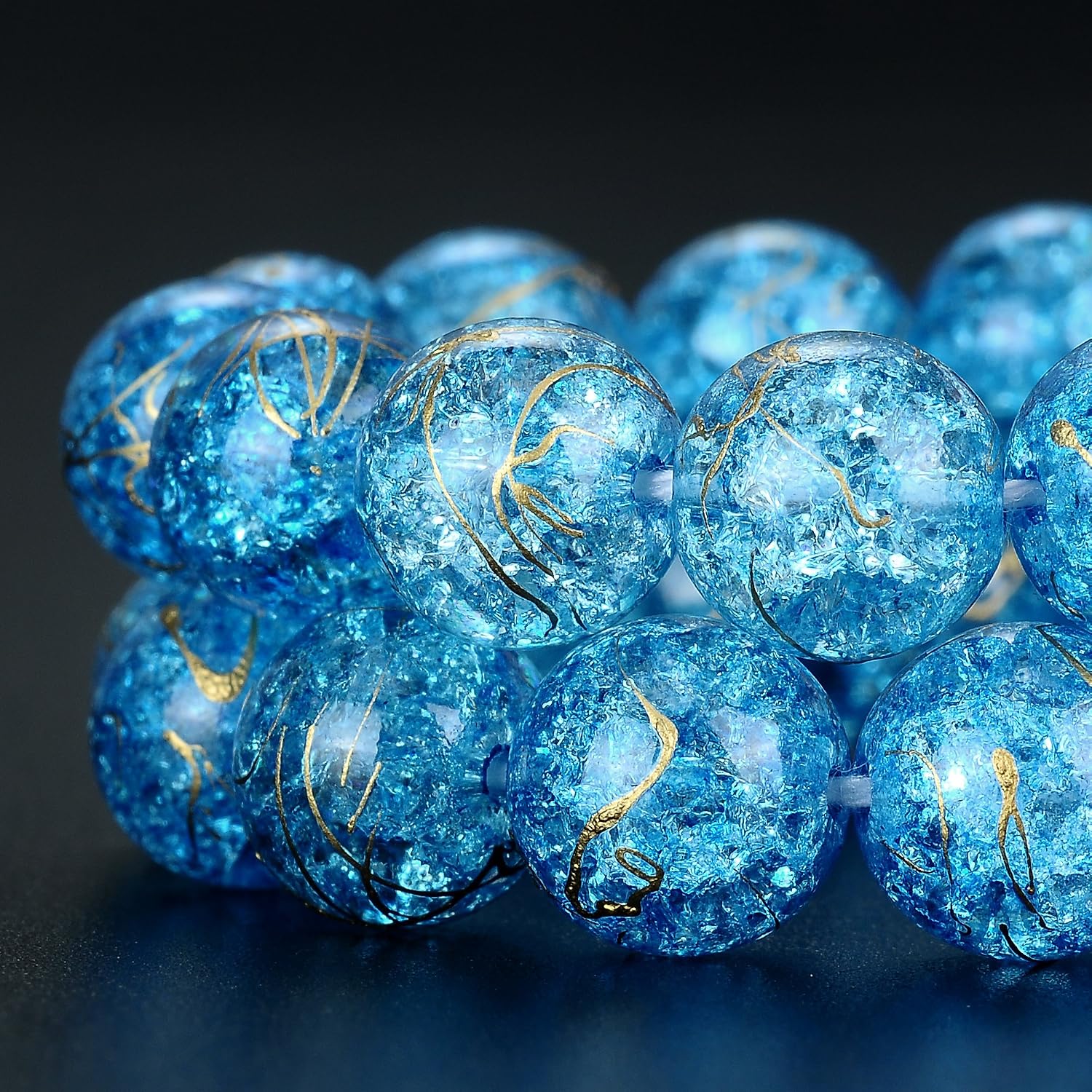 RUBYCA Round Crackle Druk Czech Crystal Pressed Glass Beads for Jewellery Making 4mm Strand (Blue), Blue & Gold - Image 3