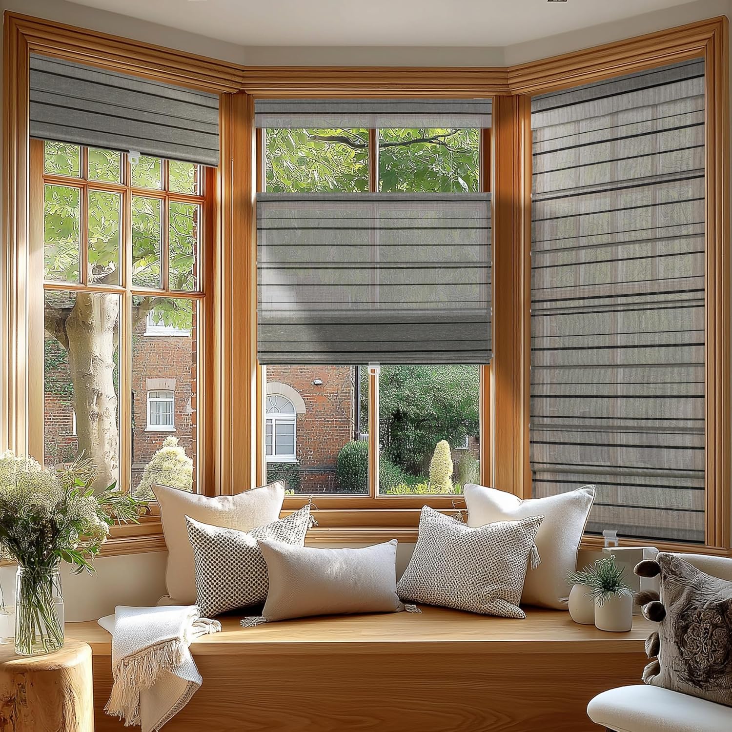BERISSA No Drill No Tools Roman Shades,Top Down Bottom up Light Filtering Roman Shades,Woven Jute Fabric Blinds for Indoor Windows,Bedroom,Tenement,Easy to Intall,Linen Black,22" W x 72" H