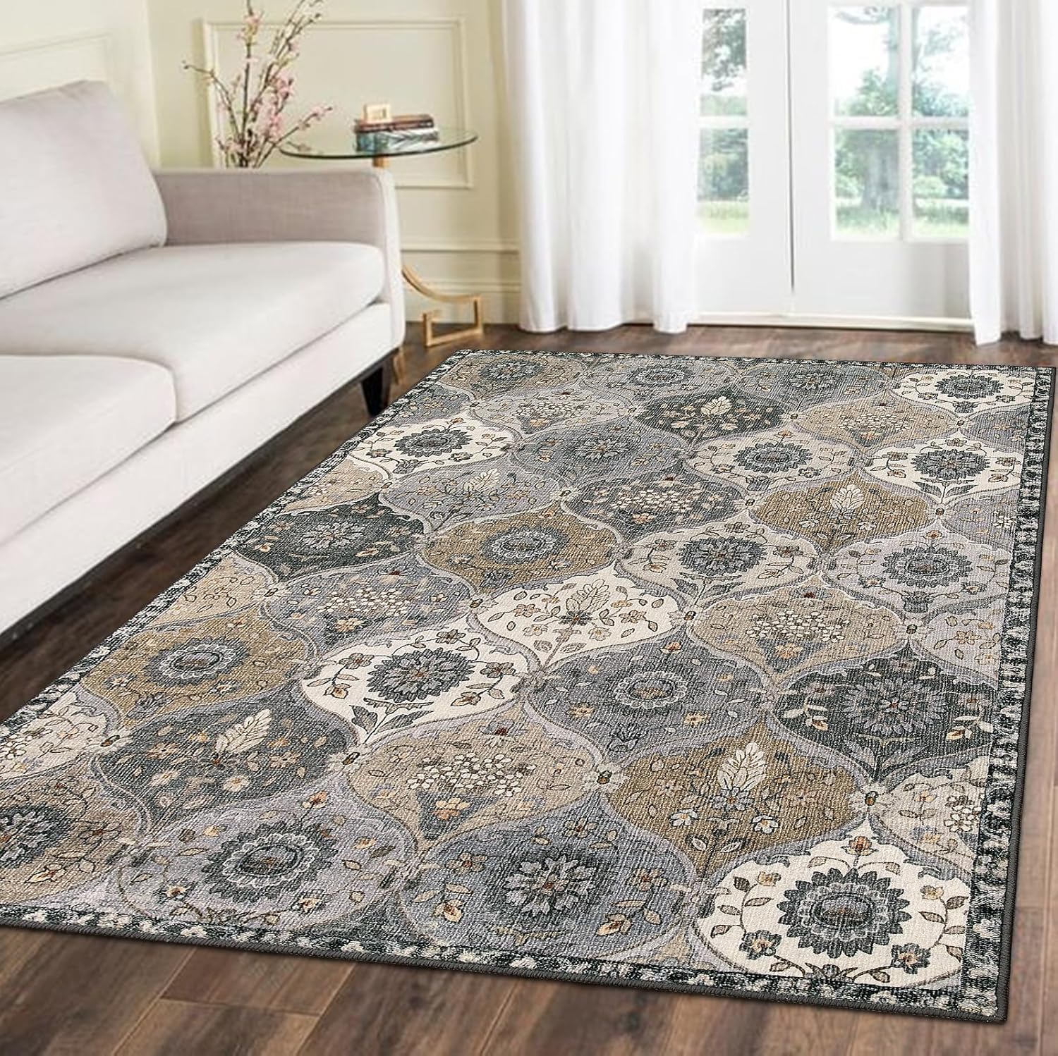 Tapis de grand salon gris et bleu 200x250cm à motif traditionnel