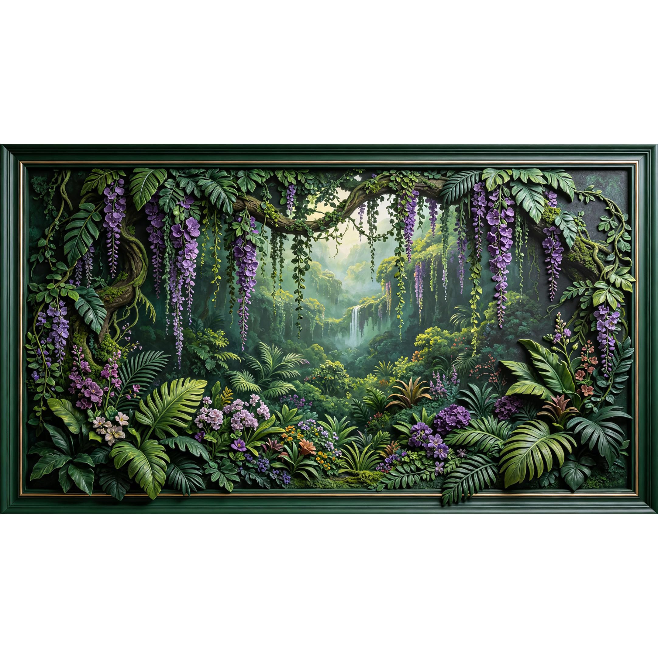 QZLITHOTIC 50×90cm3D Framed Wall Art， Tropical Wisteria Waterfall Landscape Self?Adhesive Mural， Water?Activated Peel & Stick Fabric Decor Wall Decal for Bedroom Living Room