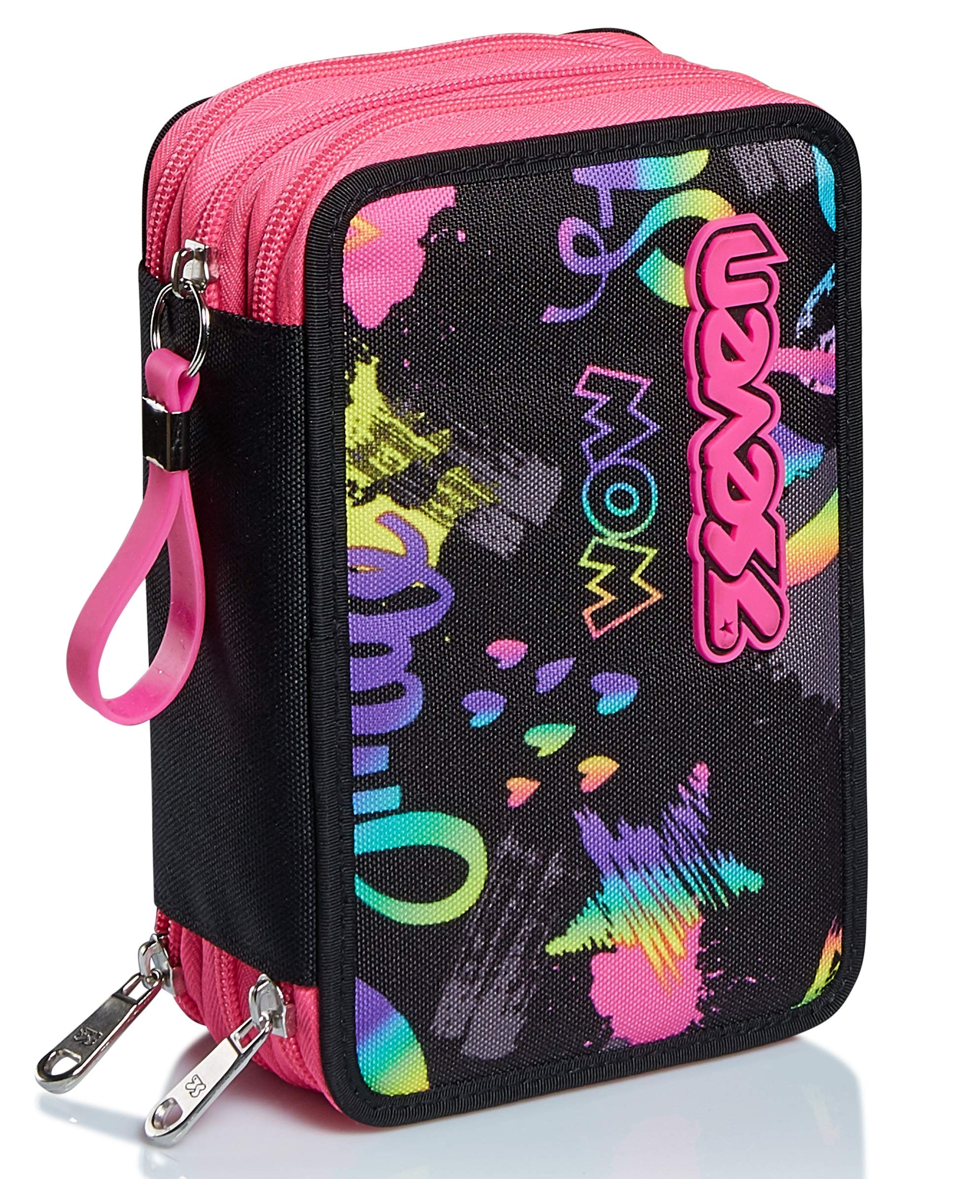 Seven Estuche Escolar 3 Compartimientos – IRIDESCANT, Negro y Fucsia - con Material Incluido: Lápices, Bolígrafos y Marcadores – Gran Capacidad para Niñas y Adolescentes