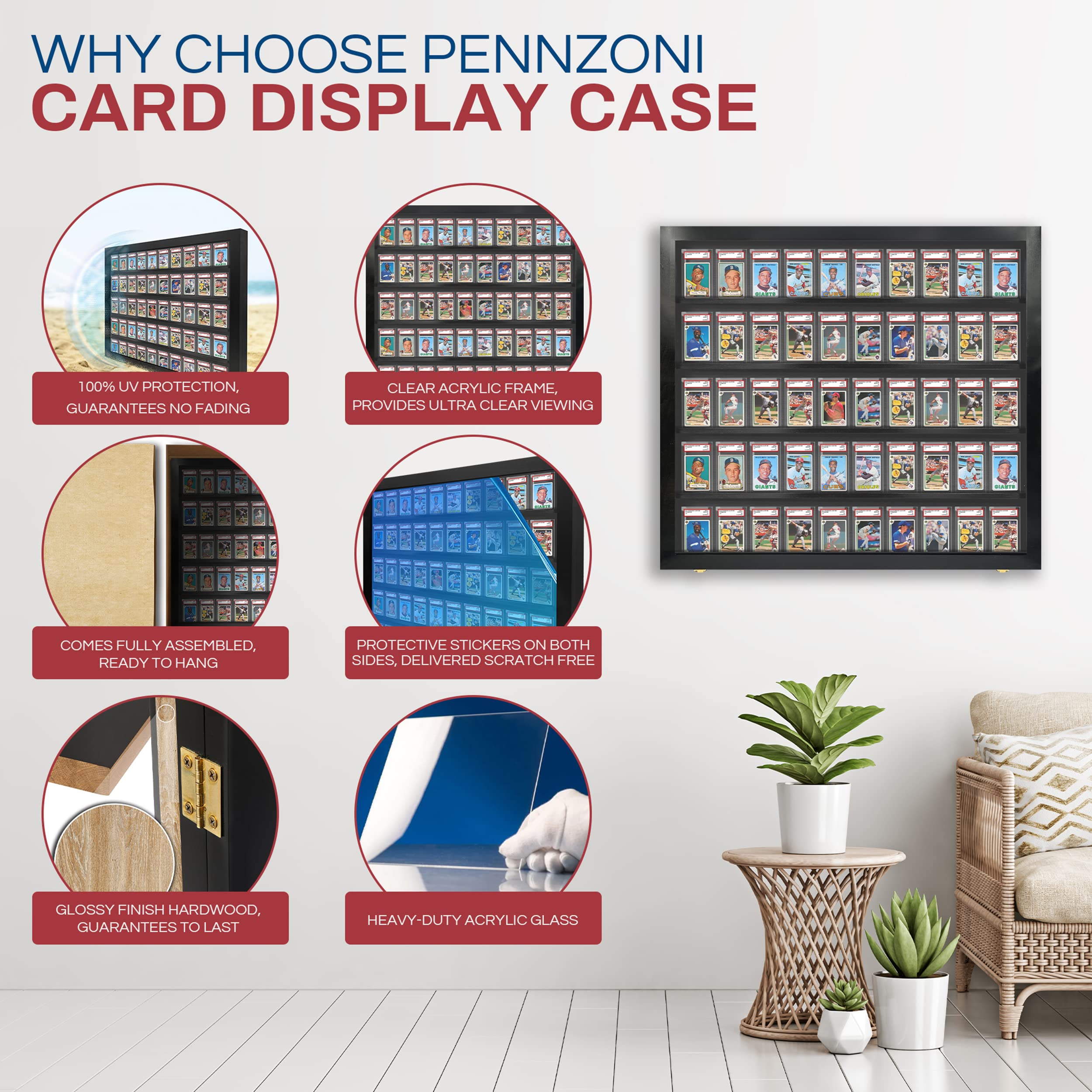 PENNZONI Baseball Card Display Case - 50 Graded Sports Card Display Frame Lockable - PSA Graded Card Case with UV Protection | Pokemon Card Display for Football & Basketball | Black