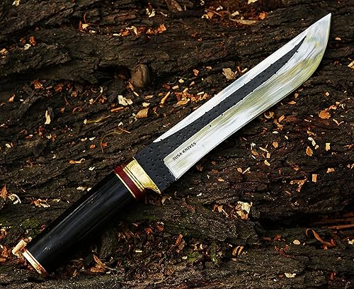 Miniatura 3 de SUSA KNIVES Cuchillo Bowie de hoja fija de 14 pulgadas  Cuchillo de caza, funda de cuero con mango de cuerno  Diseñado para caza, supervivencia,