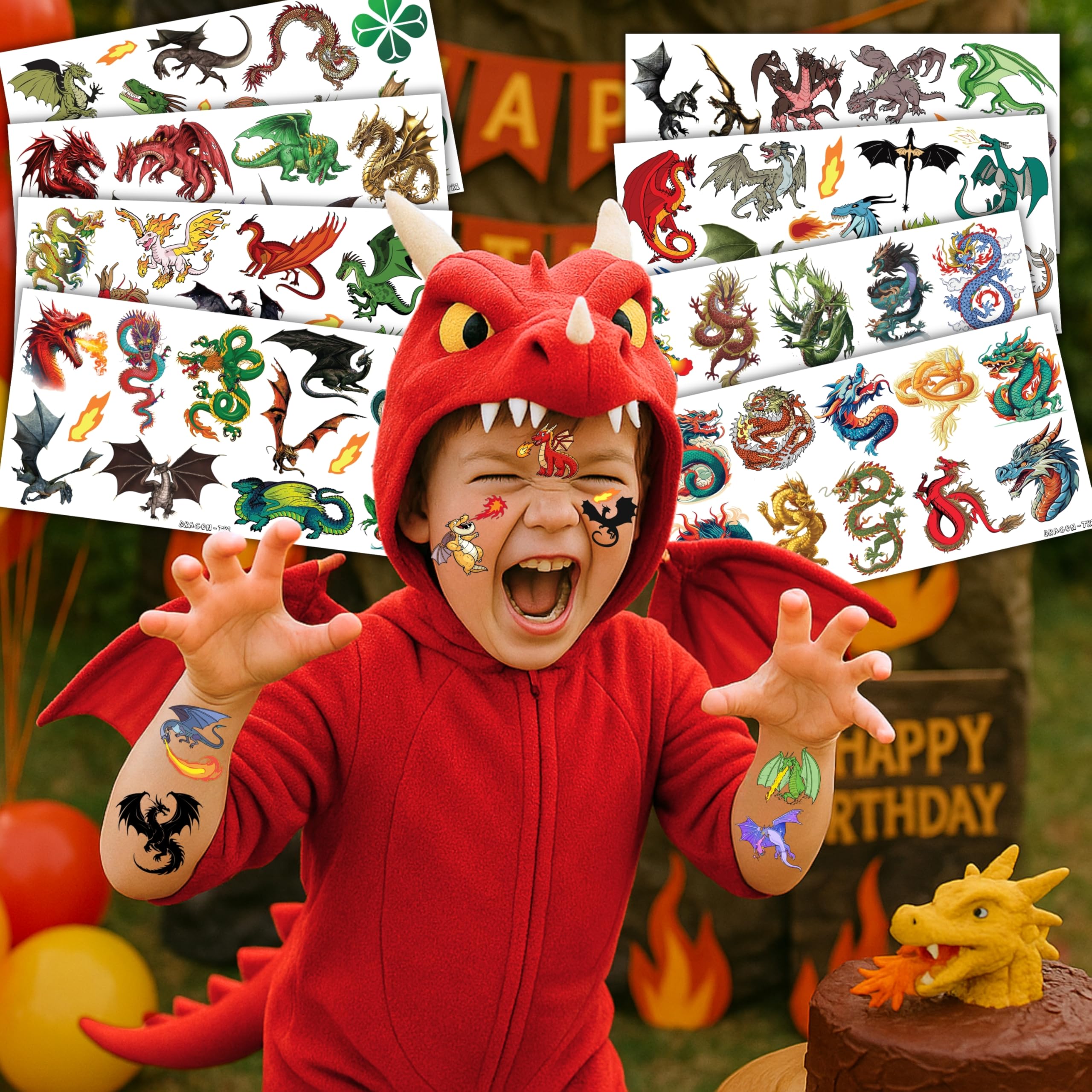 Dragon Temporary Tattoos Birthday Party Supplies Favors Decorations Knight Dragon Super Cute Fake 96PCS Tattoos Stickers for Kids Boys Girls School Classroom Rewards Gifts Ideal Halloween