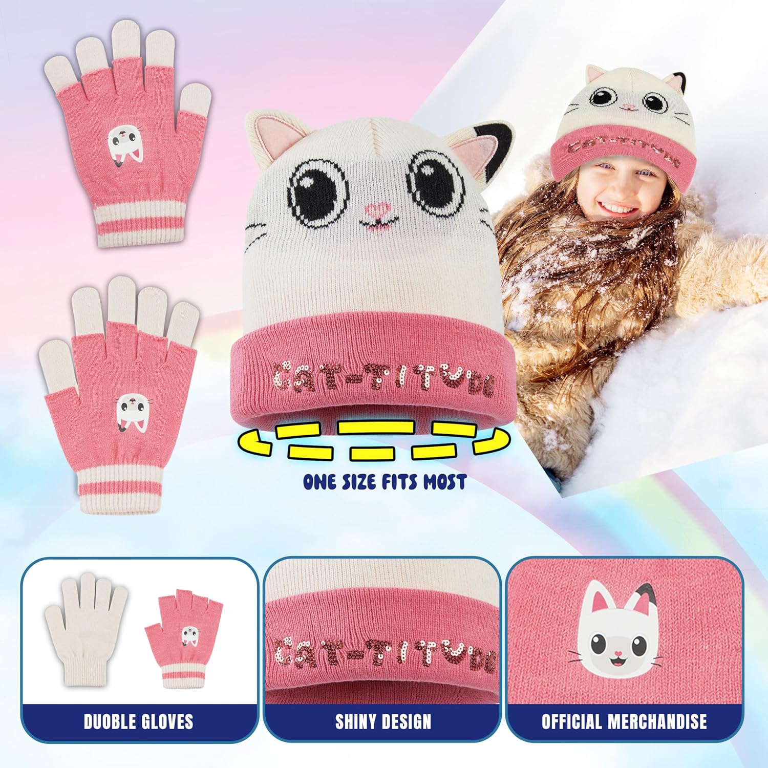 Gabby's Dollhouse Girls Beanie Hat and Gloves Set, Winter Beanie Warm Mittens for Cold Weather, Cozy Gifts for Girls (2-8 Years, Pink/White Gabby's Dollhouse)