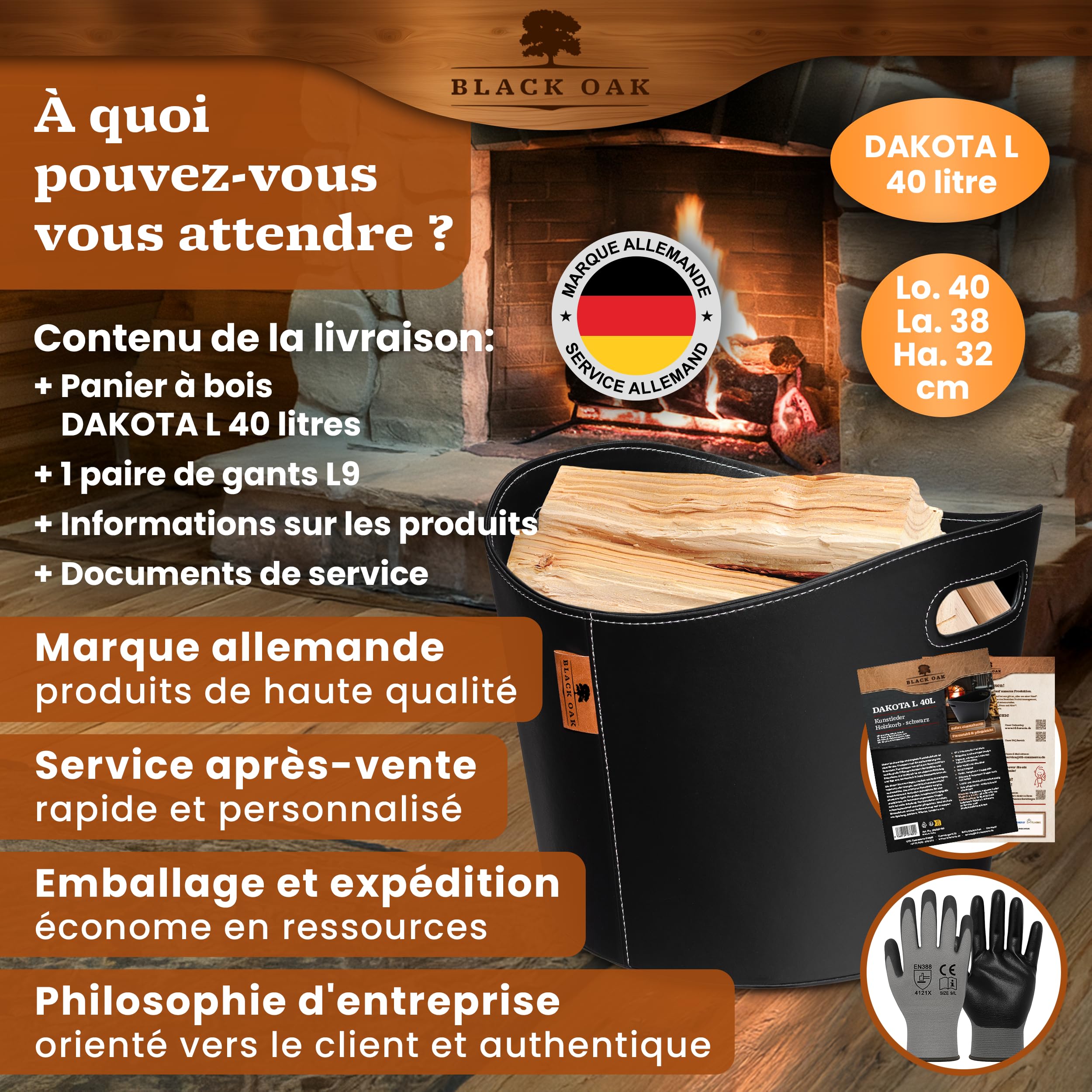 BLACK OAK DAKOTA L 40L Panier pour bois de cheminée en cuir synthétique noir - Capacité de charge 30kg - 40 litres 40x38x32cm - Panier pour bois de cheminée en bois Sac pour bois de chauffage Panier