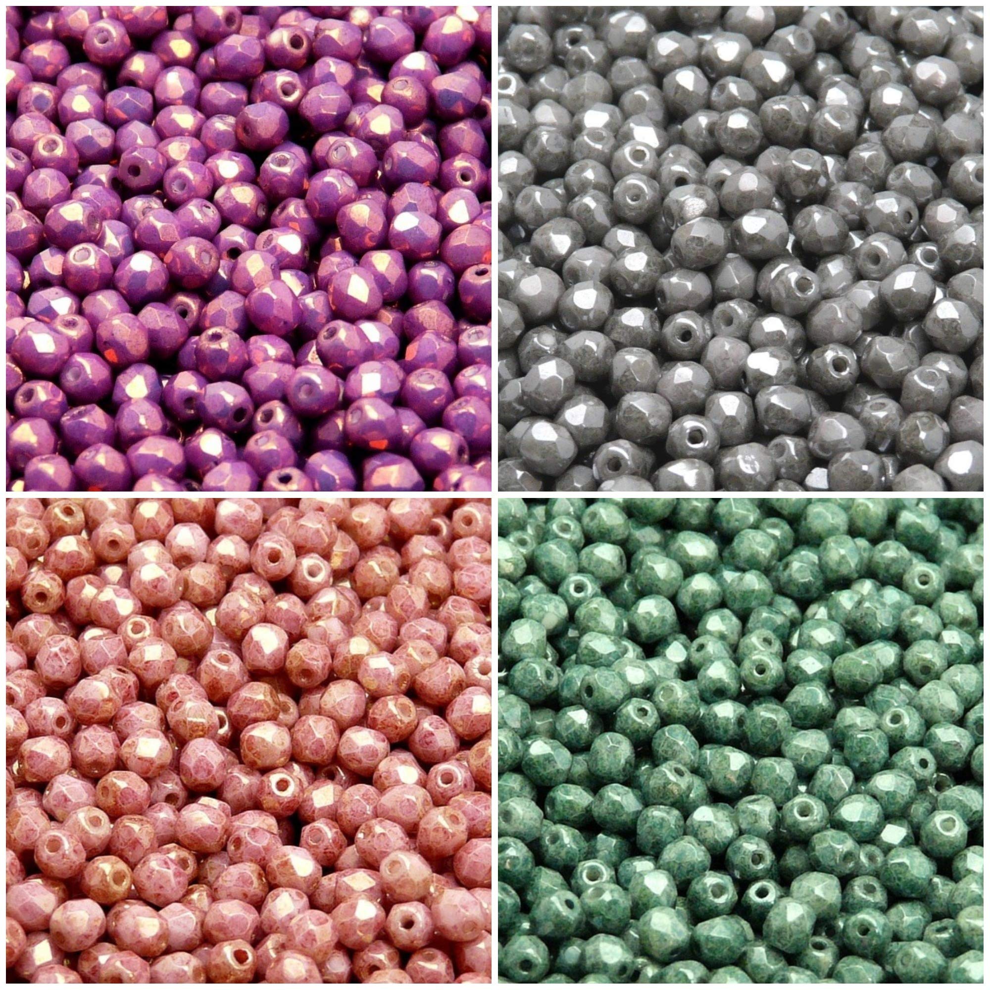 Perle di vetro ceco Fire-Polishedº rotonde 4mm. Set 407: 4 colori, totali di 400 perline (1/3 Mass), 4FP051 4FP052 4FP056 4FP057
