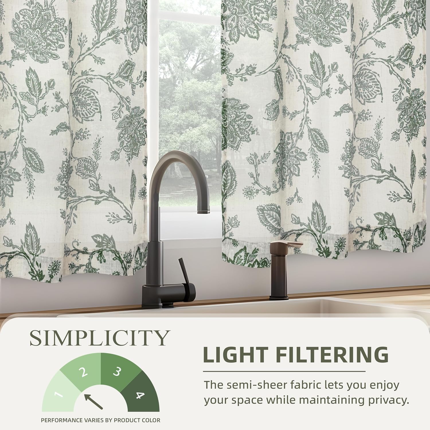 DriftAway Kitchen Curtain Floral Tier Linen Short Floral Paisley Patterned Cafe Curtains 36 Inch Length for Living Room Bathroom Freda Jacobean Farmhouse Country Drapes Rod Pocket 2 Panels Loden Green