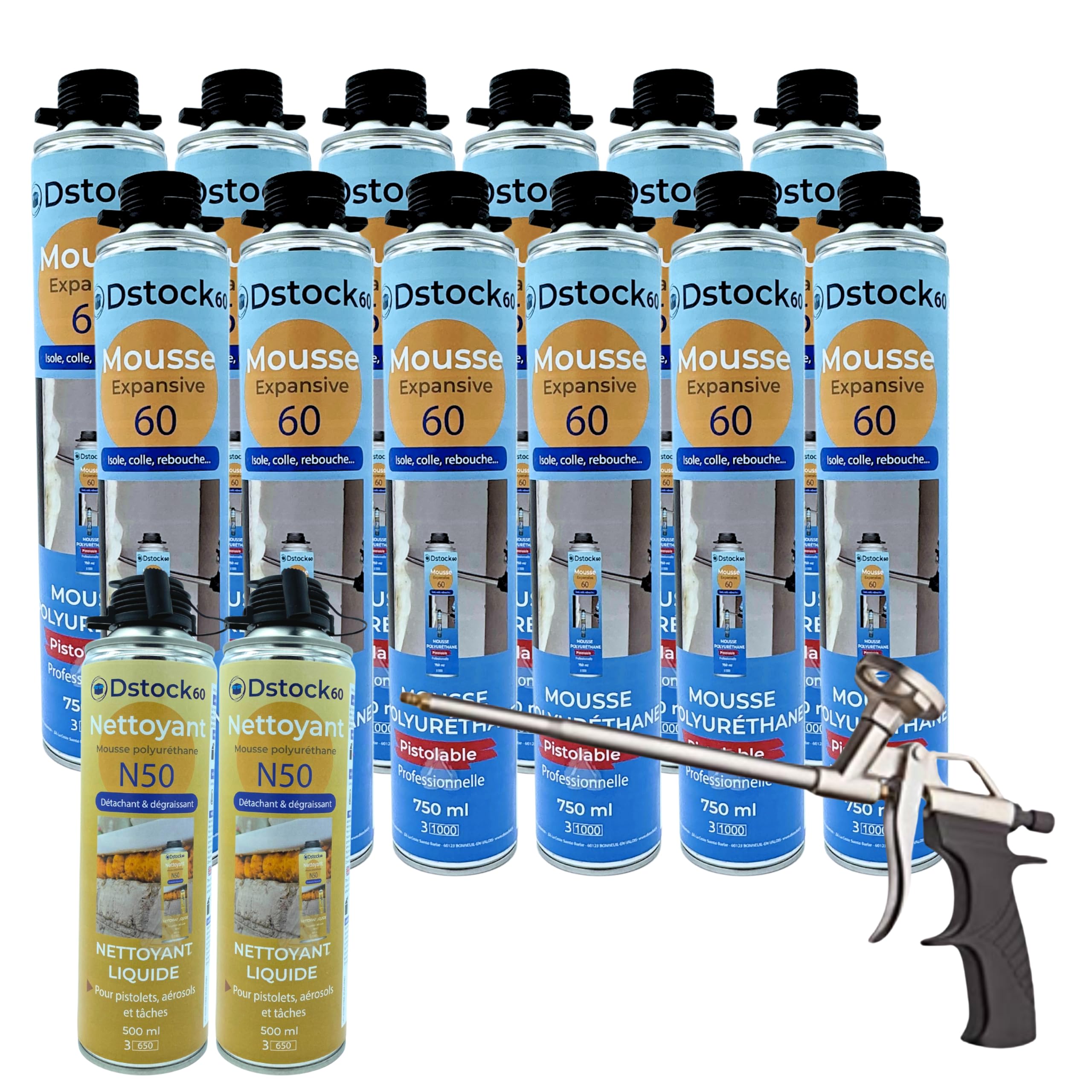 DSTOCK60 - Lot de 12 Mousses Pistolables + 1 Pistolet + 2 Nettoyants, Mousse Expansive 750 Ml, Mousse Polyuréthane Professionnelle, Isole, Colle et Rebouche, Extérieur Et Intérieur