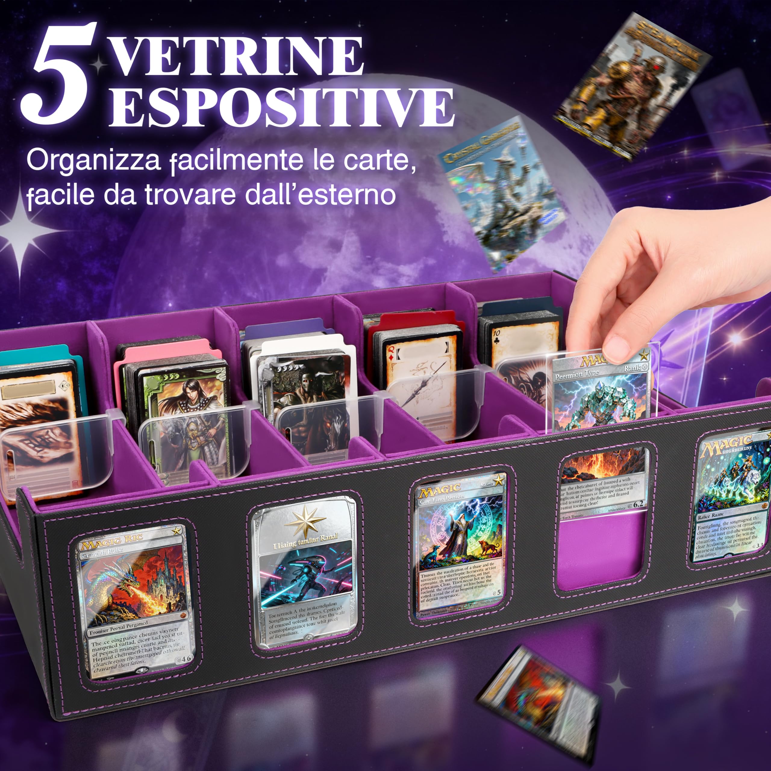 Charmofun Deck Box per Carte, Magnetic Scatola di Carte da Collezione per Oltre 2800+, Porta Deck con Pelle PU e Chiusura Magnetica, 10 Divisori per Carte, 4 Clip Divisorie (Viola, 3000+)