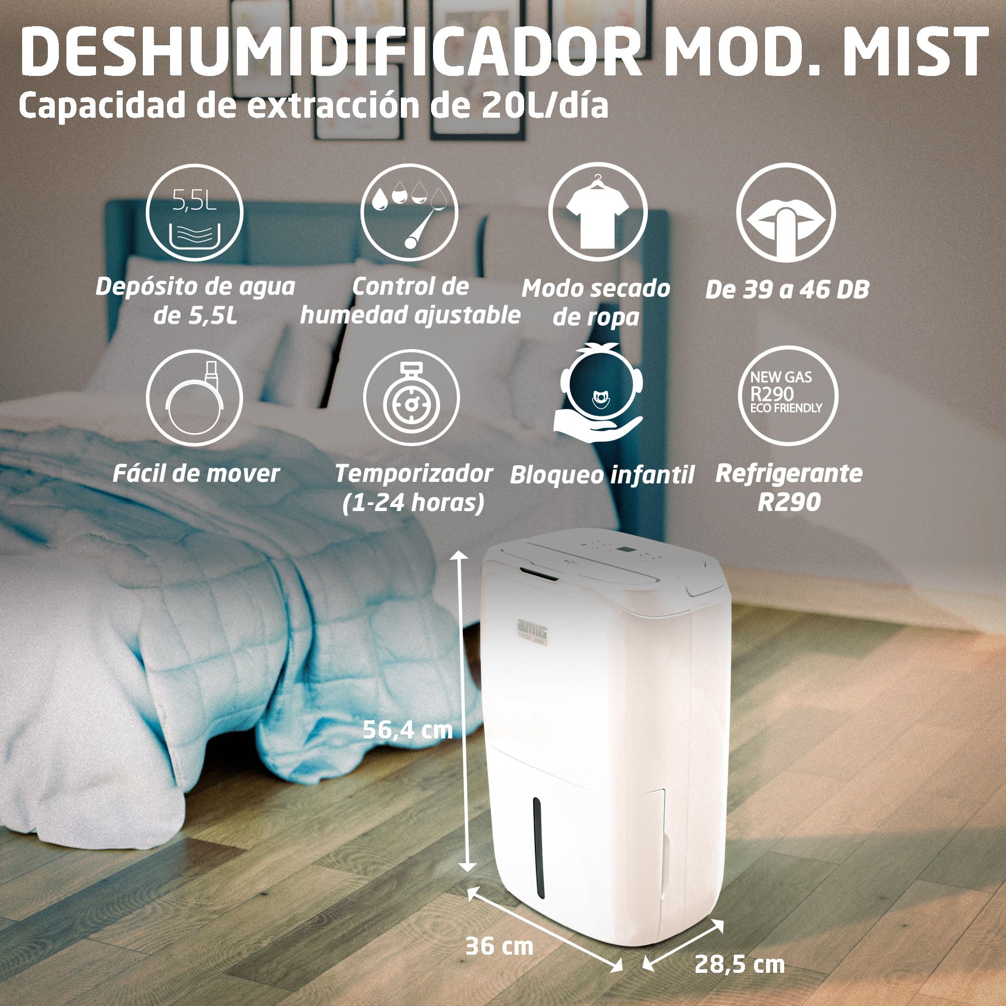 Amig - Osuszacz powietrza MIST - pojemność 20 l/dzień - Wysuwany zbiornik 5,5 l - Regulacja wilgotności i timer - 36 x 28 x 56 cm - 270 W - Pokrywa 160 m³/h - Cichy 42 dB - Suszenie prania