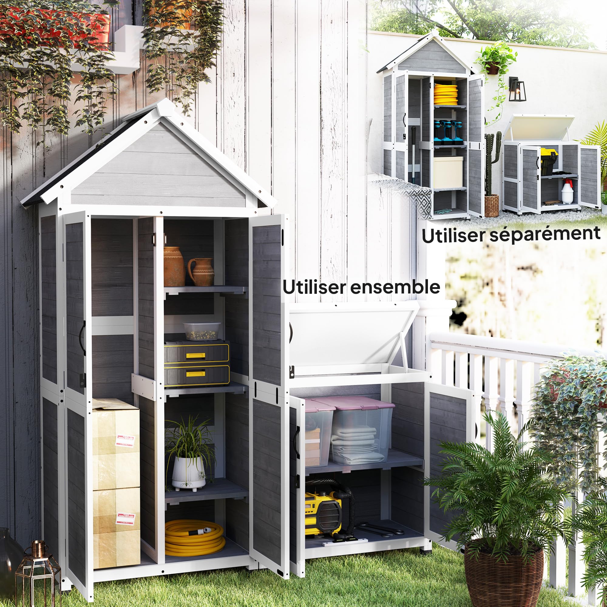 Outsunny Abri de Jardin + Armoire de Rangement en Bois, cabane de Jardin extérieur intérieur avec Toit incliné en Asphalte, étagères et Portes verrouillables, Armoire à Outils pour Balcon, Gris