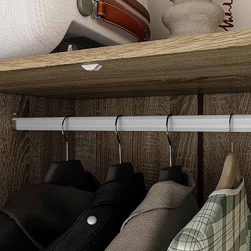 Miniatura 4 de Homsee Armario de 4 puertas, armario de dormitorio con puertas de ratán, 5 cajones, 2 barras y estantes colgantes, color marrón claro