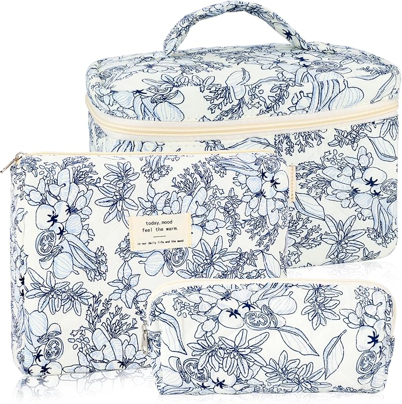 Necessaire de maquiagem URSKYTOUS com 3 bolsas de algodão acolchoado, estampa floral preta MN 3PCS Black Flower