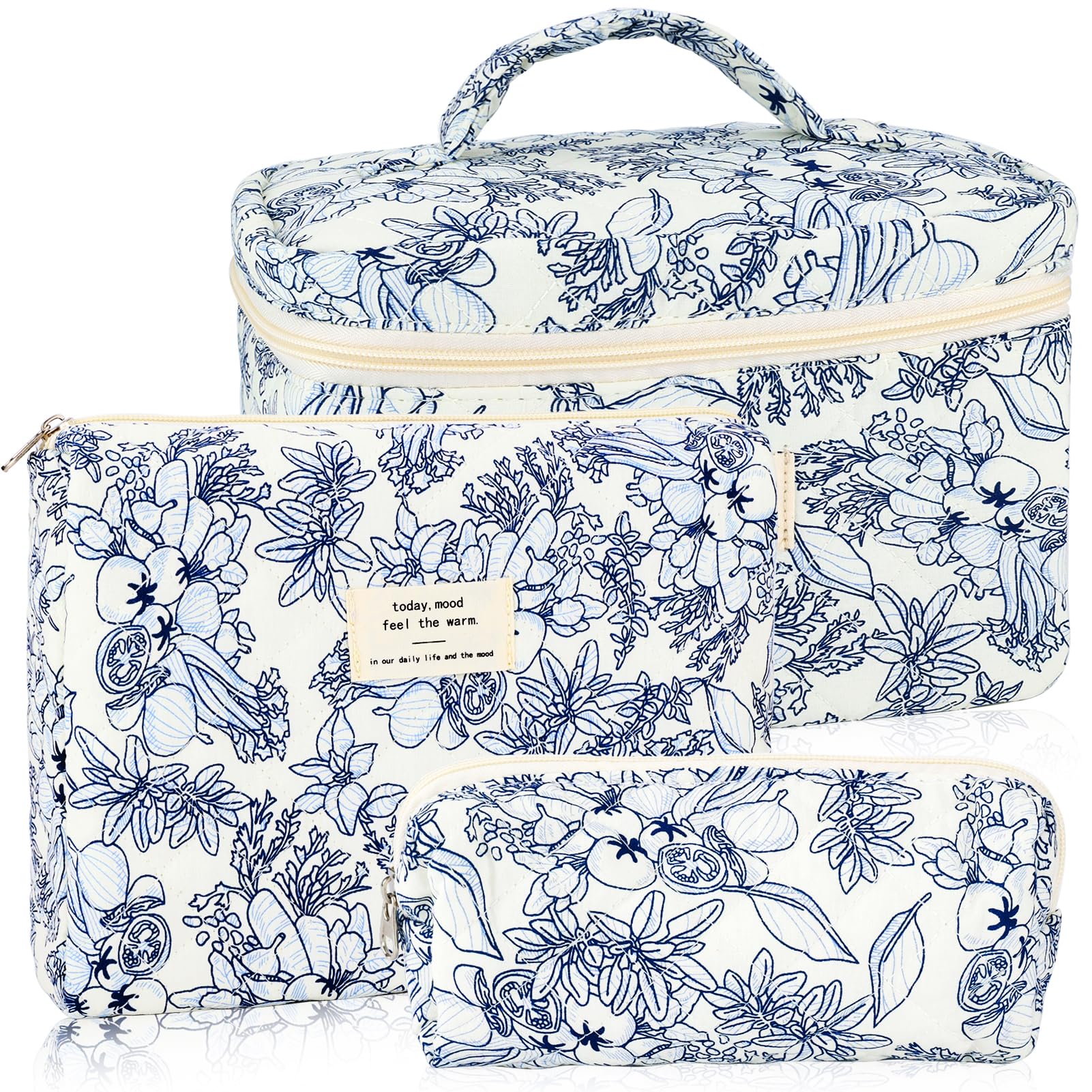 URSKYTOUS 3Pcs Cotton Quilted Makeup Bag for Women Girls Large Small Travel Black Floral Cosmetic Bags Set Cute Coquette Makeup Pouch for Purse