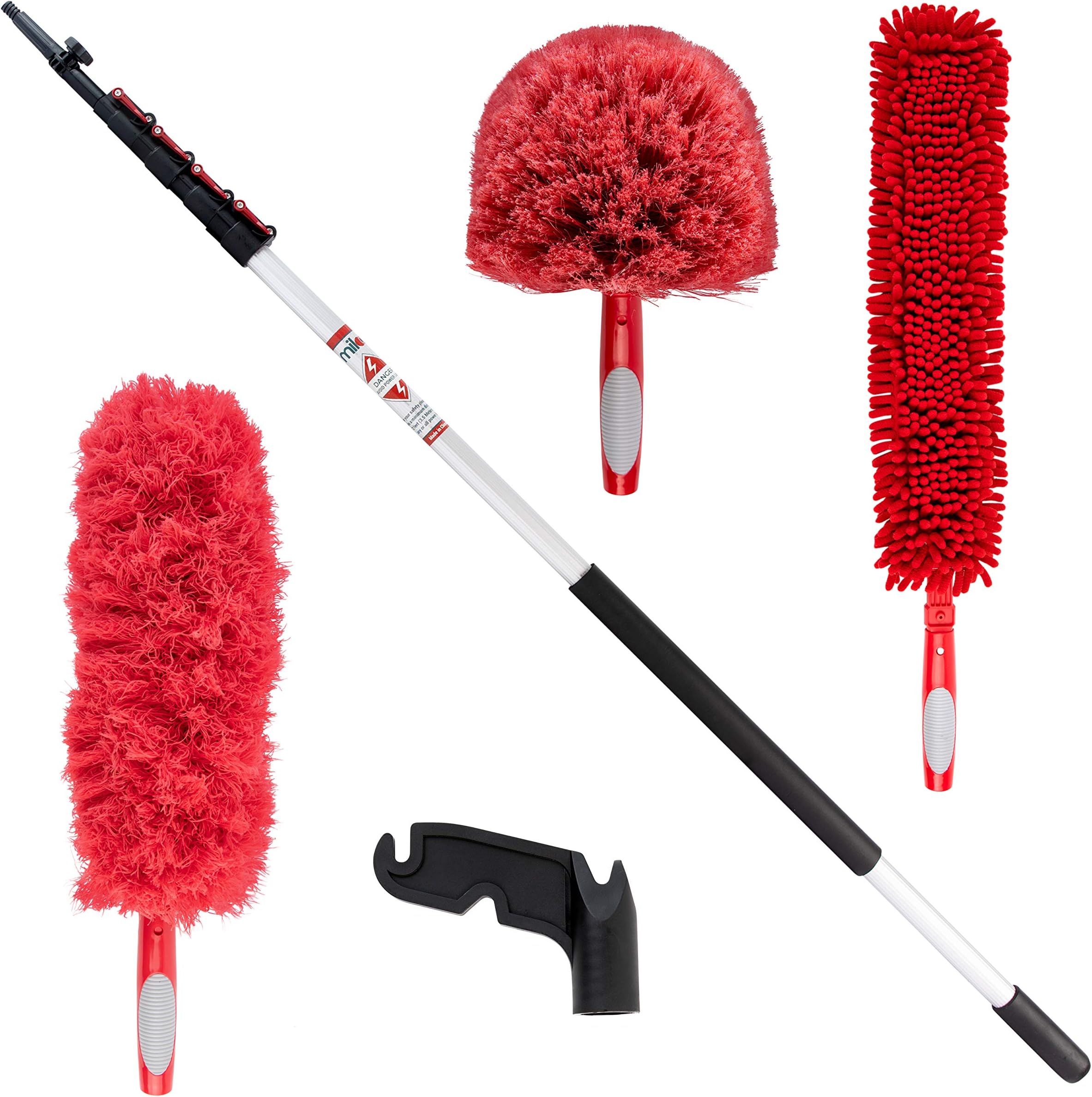 30 Foot High Reach Extension Pole Duster Kit - Telescopic Pole with 3 Dusting Kit Attachments - Cobweb, Microfiber and Ceiling Fan & 1 Hanging and Installing Hook (6-24 Foot Pole)