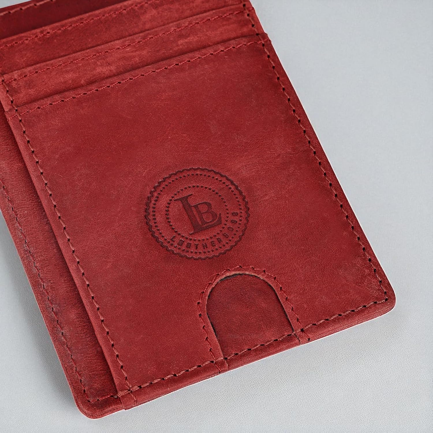 Leatherboss Genuine Leather Slim Card Holder Wallet for Men & Women | Minimalist Front Pocket Wallet | Multiple Card Slots, Cash Compartment & ID Window | (Red) - Image 5