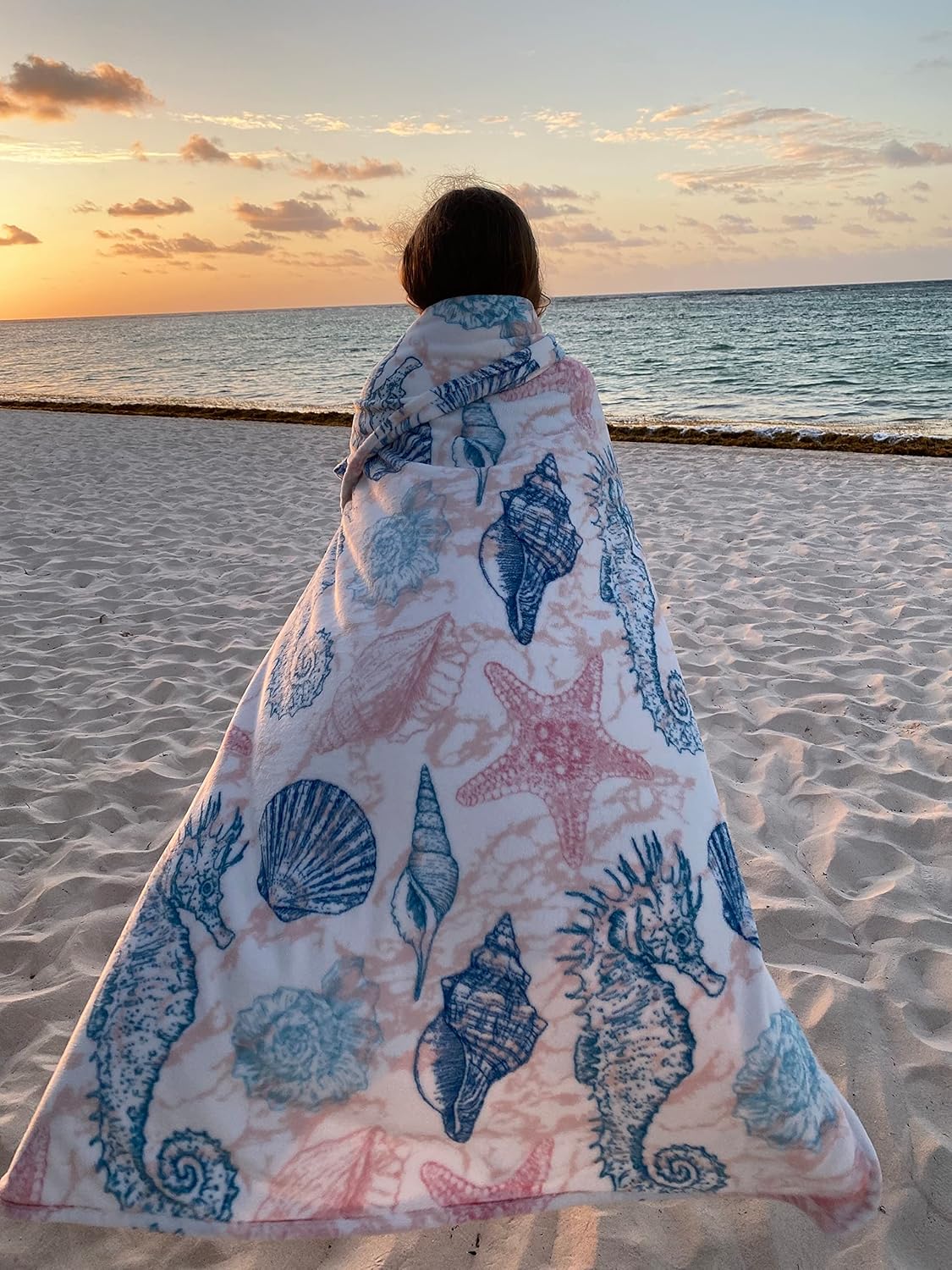 Decorative Ocean Life Coastal Throw Blanket: Soft Plush Velvet Fleece Calming Hues of Blues and Soft Coral Pink, Accent for Sofa Couch Chair Bed or Dorm (Kai) - Image 2