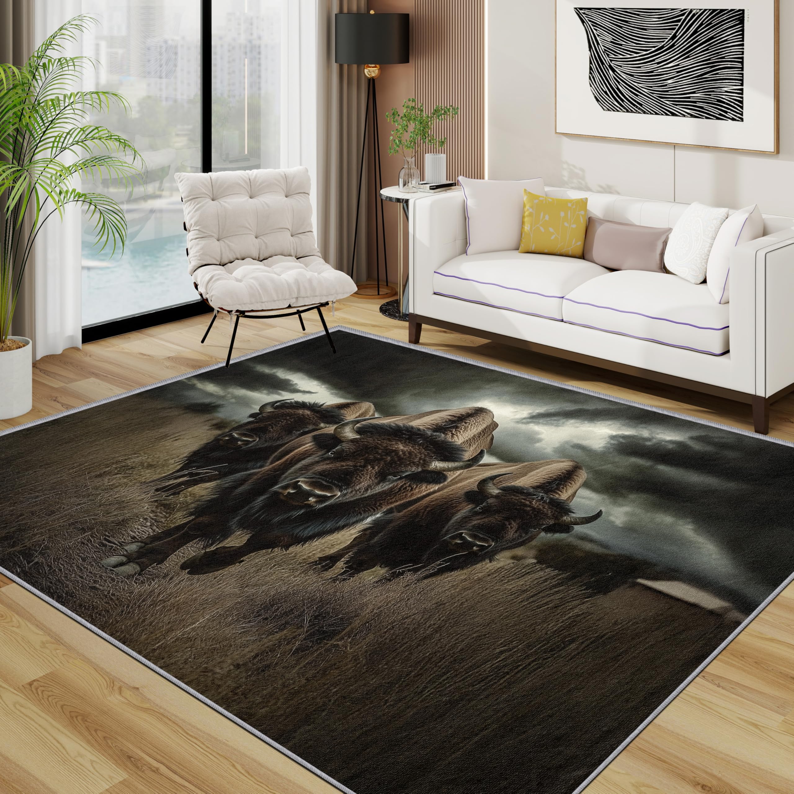 Bison Teppich Waschbar, Wildtiere Schwarz Teppich 80x150 cm, Natur Landschaft rutschfest Waschbar Pflegeleicht Teppiche Für Schlafzimmer Küche, Schwarz