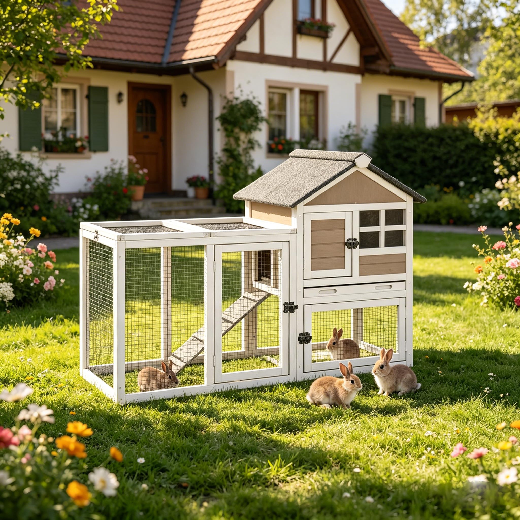 Aivituvin Hasenstall, Kaninchenstall für drinnen und draußen, Kaninchenkäfig mit Laufbereich, Hühnerstall mit herausziehbarem Obertablett